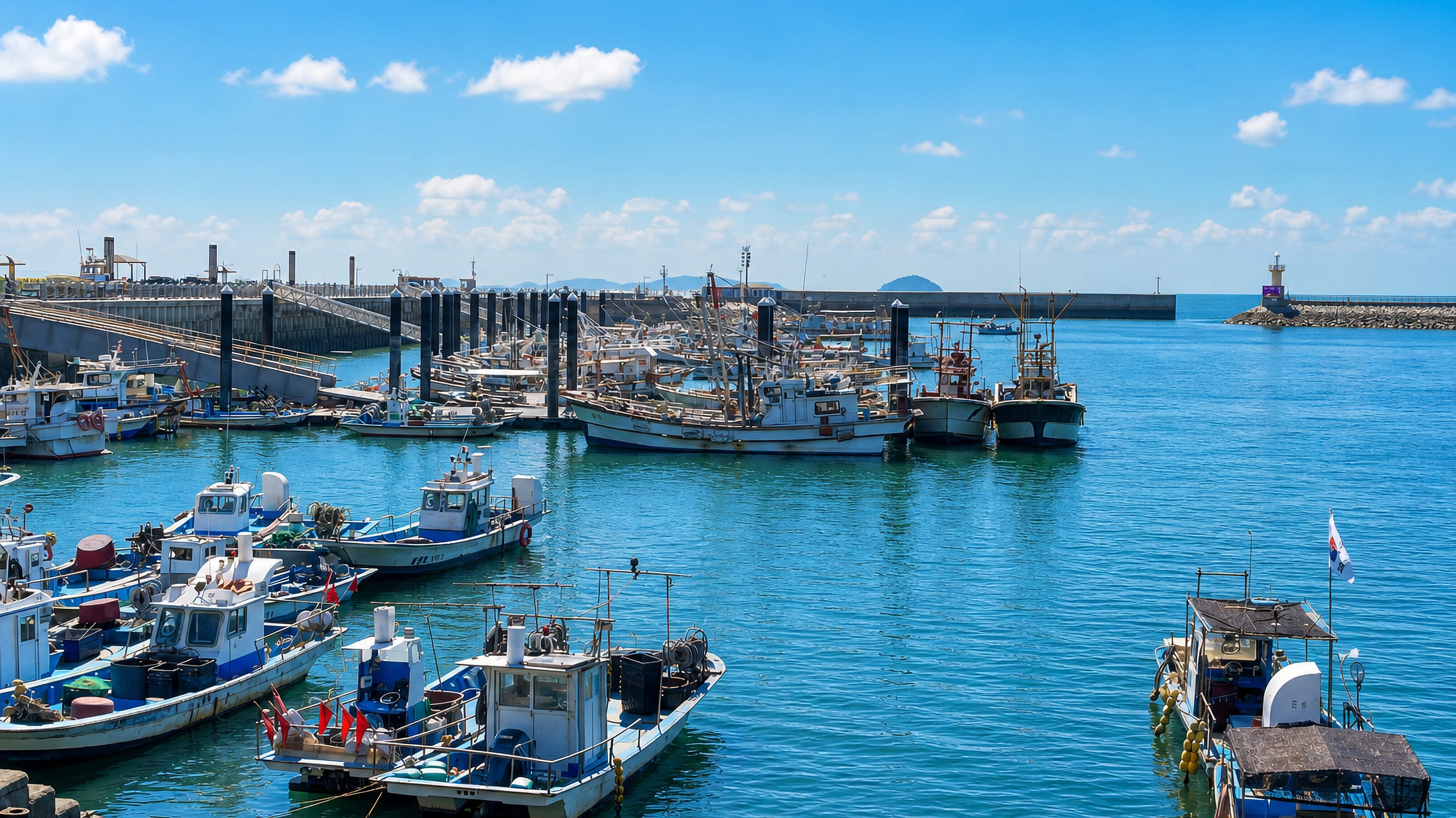 Fishing boats moored behind the breakwater at a coastal harbour in Hwaseong, South Korea.