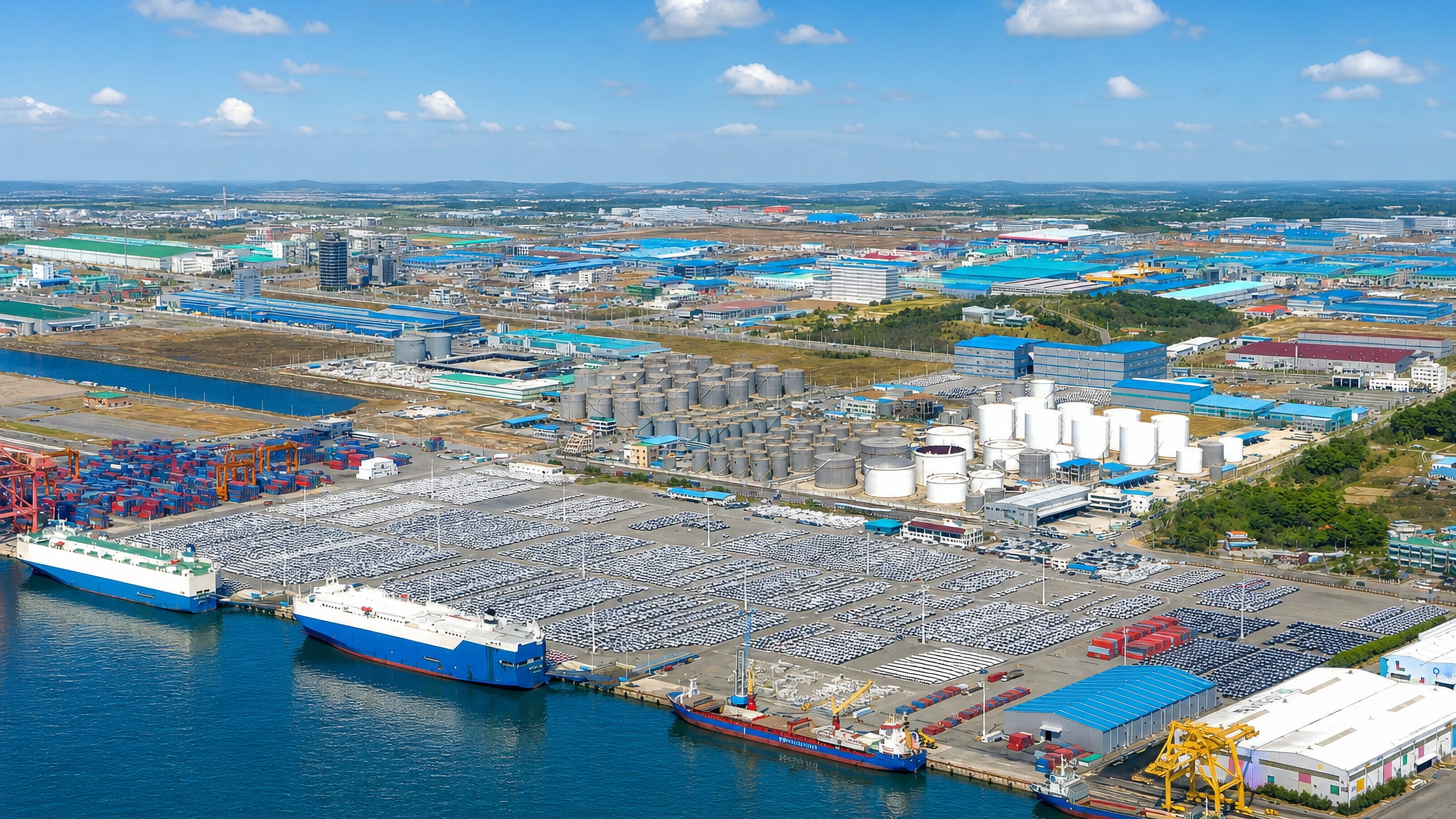 Pyeongtaek's port with car carriers, ranks of new vehicles, tank farms and industrial hinterland.