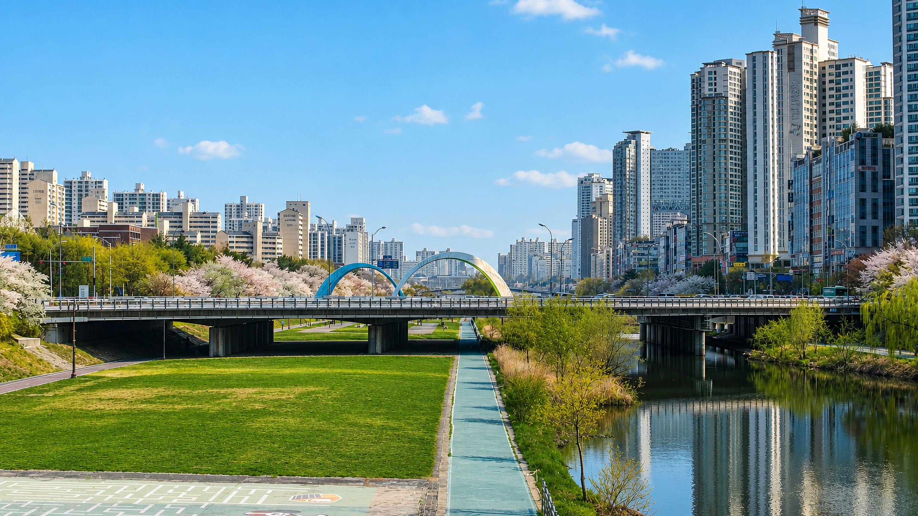 Cherry blossoms along the Tancheon stream in Seongnam, South Korea, with an arched bridge and apartment towers.