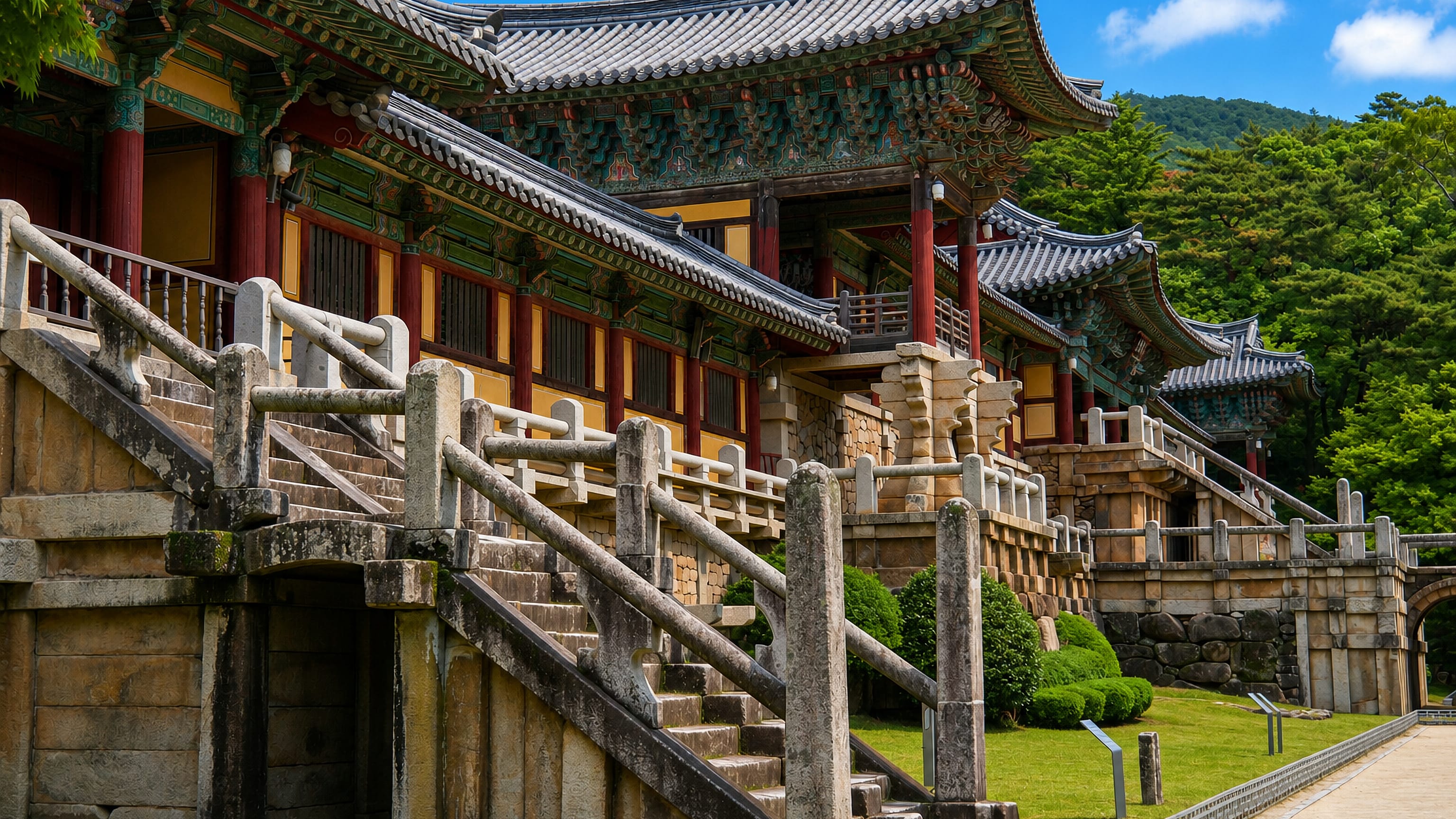 Stone stairways and painted wooden halls of Bulguksa Temple in Gyeongju, South Korea, backed by wooded hills.