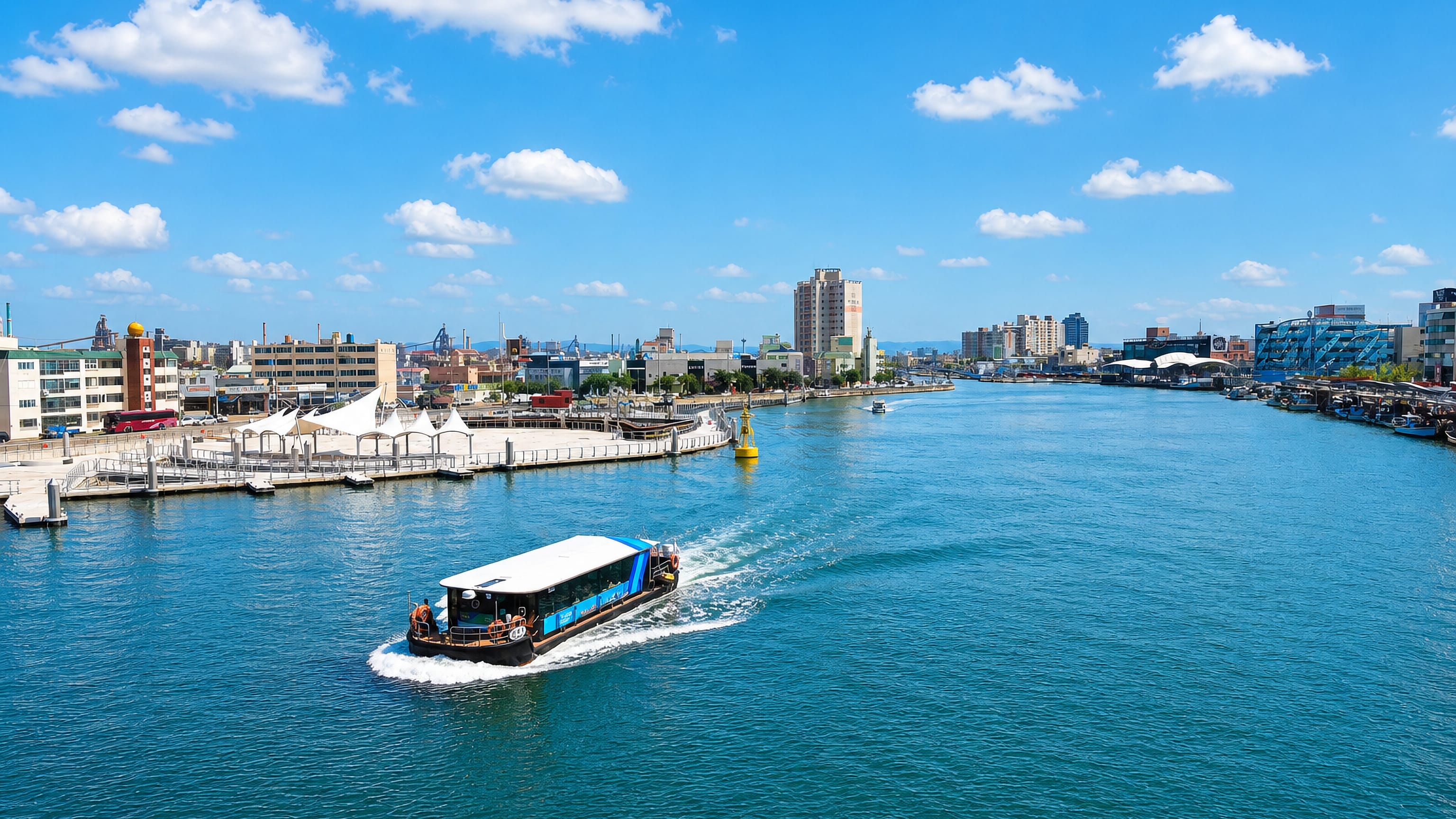 A tour boat cruising the Pohang Canal past waterfront promenades and the port city's industrial skyline, South Korea.