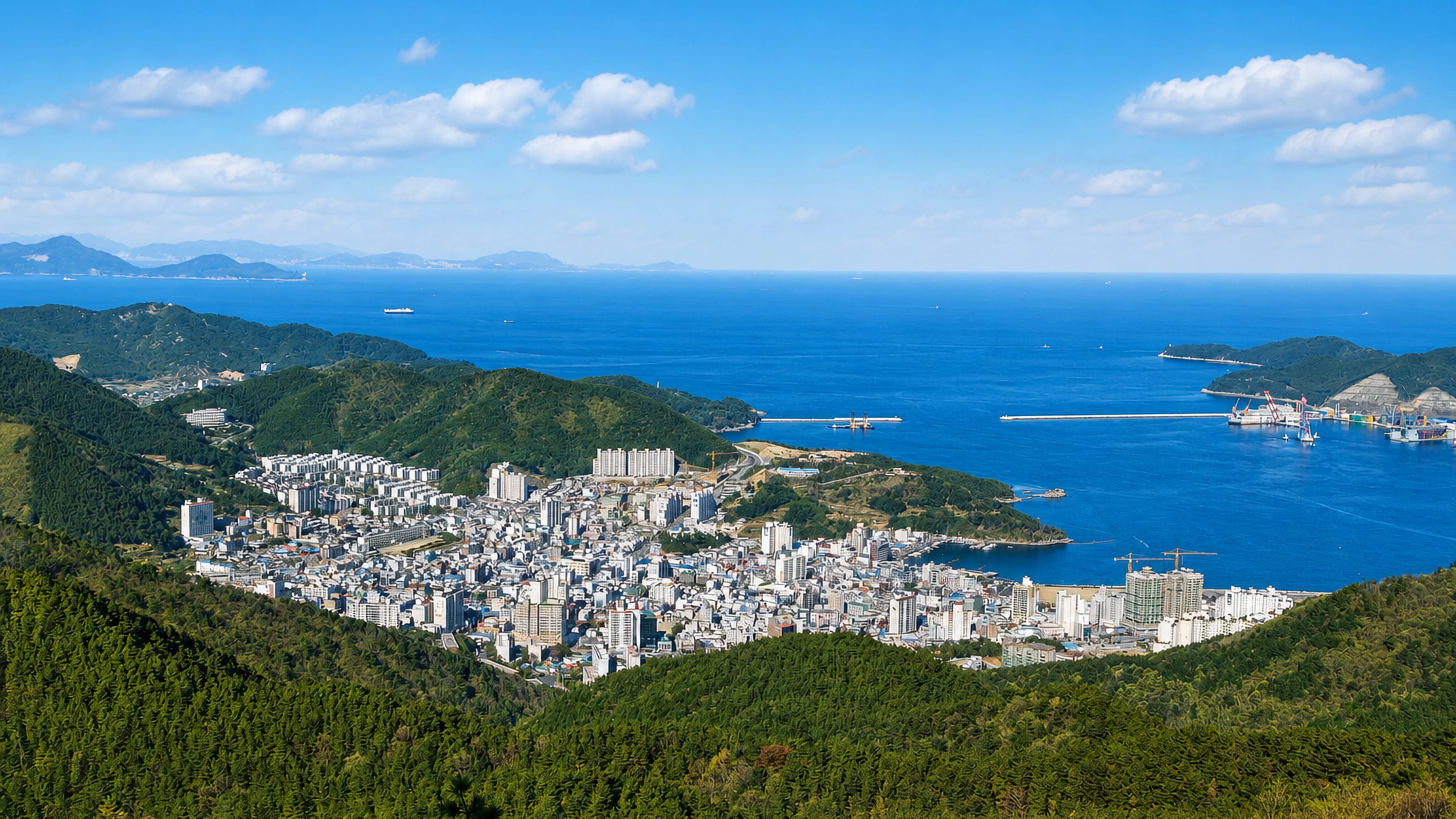 Kyosai's coastal townscape on a South Gyeongsang bay, ringed by wooded hills and shipyard cranes.