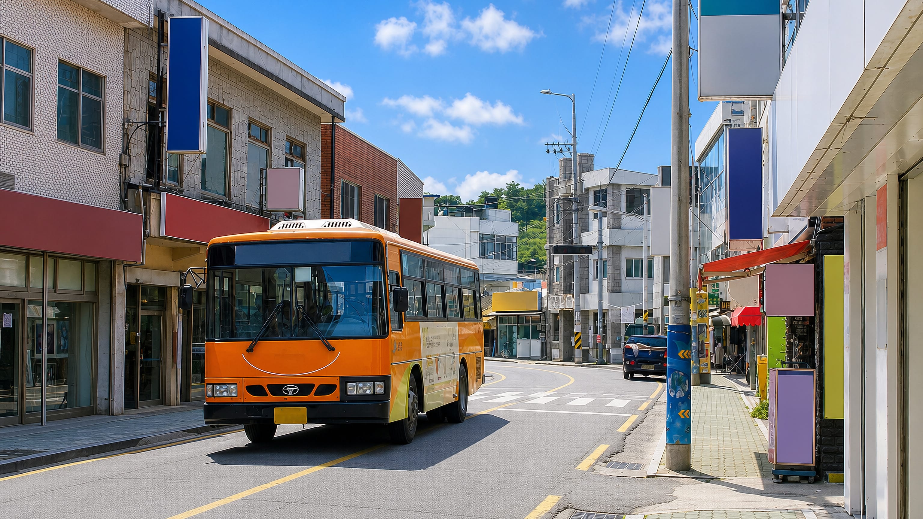 Orange local bus on a narrow shopping street lined with low buildings in Miryang, South Korea.