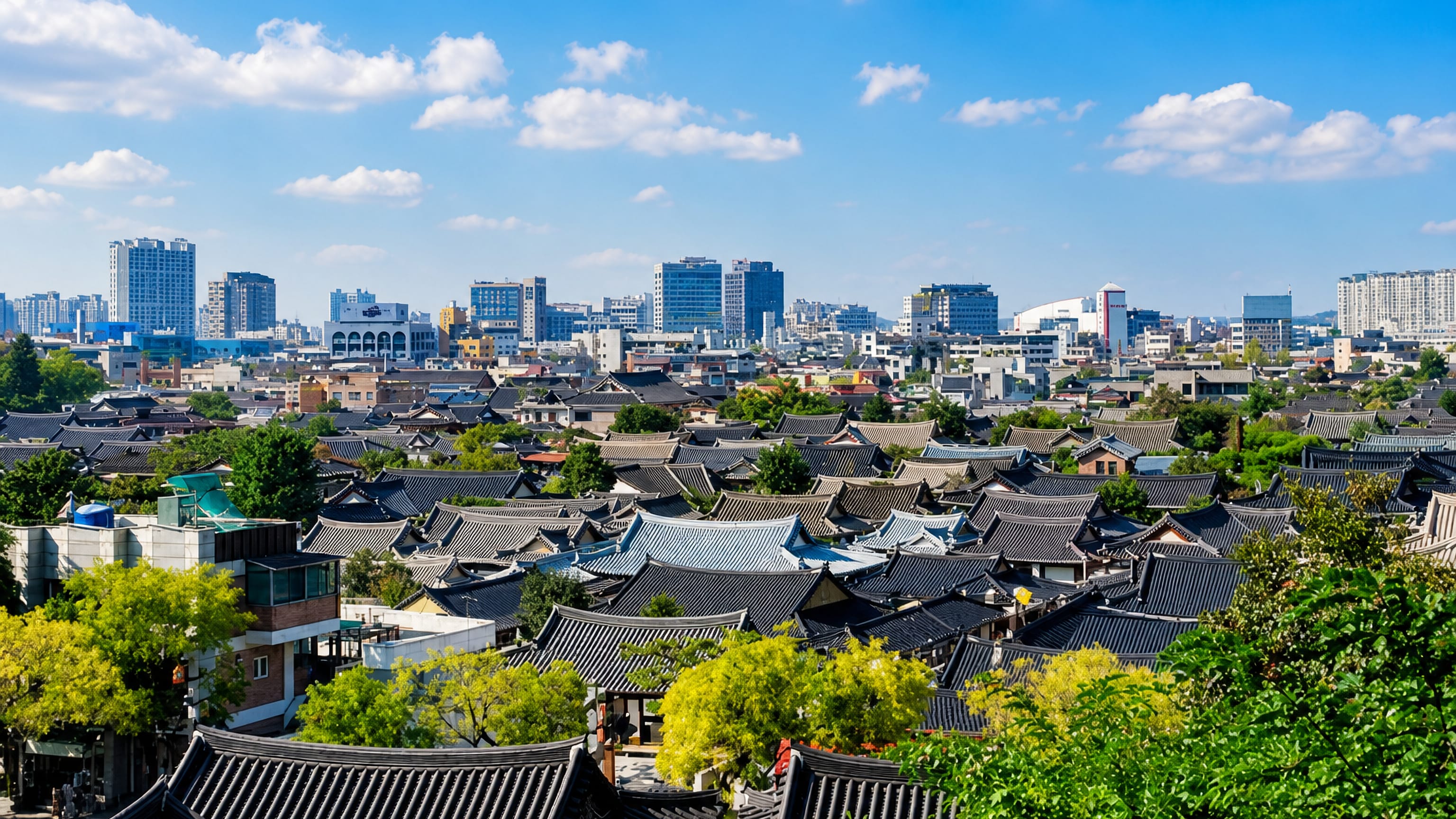 Jeonju's hanok village of curved black-tiled roofs spread below the modern city skyline under a blue sky.
