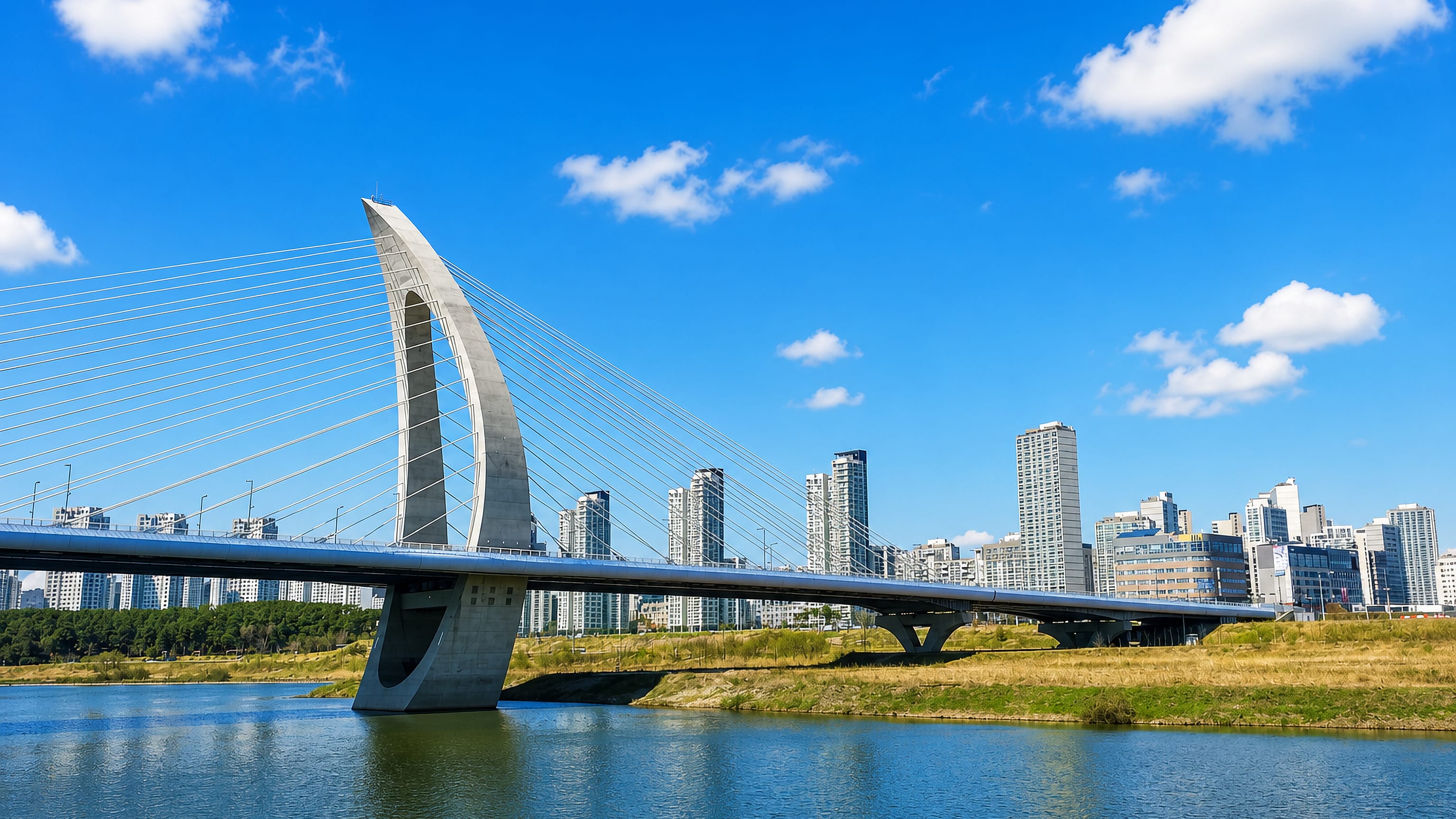 Cable-stayed bridge over the Geumgang river with Sejong's high-rise apartment districts beyond, South Korea.