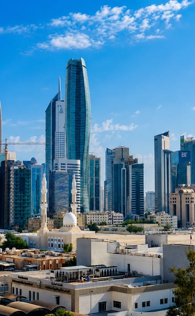 Kuwait City's skyline with the twisted Al Hamra Tower and a white mosque under a blue sky