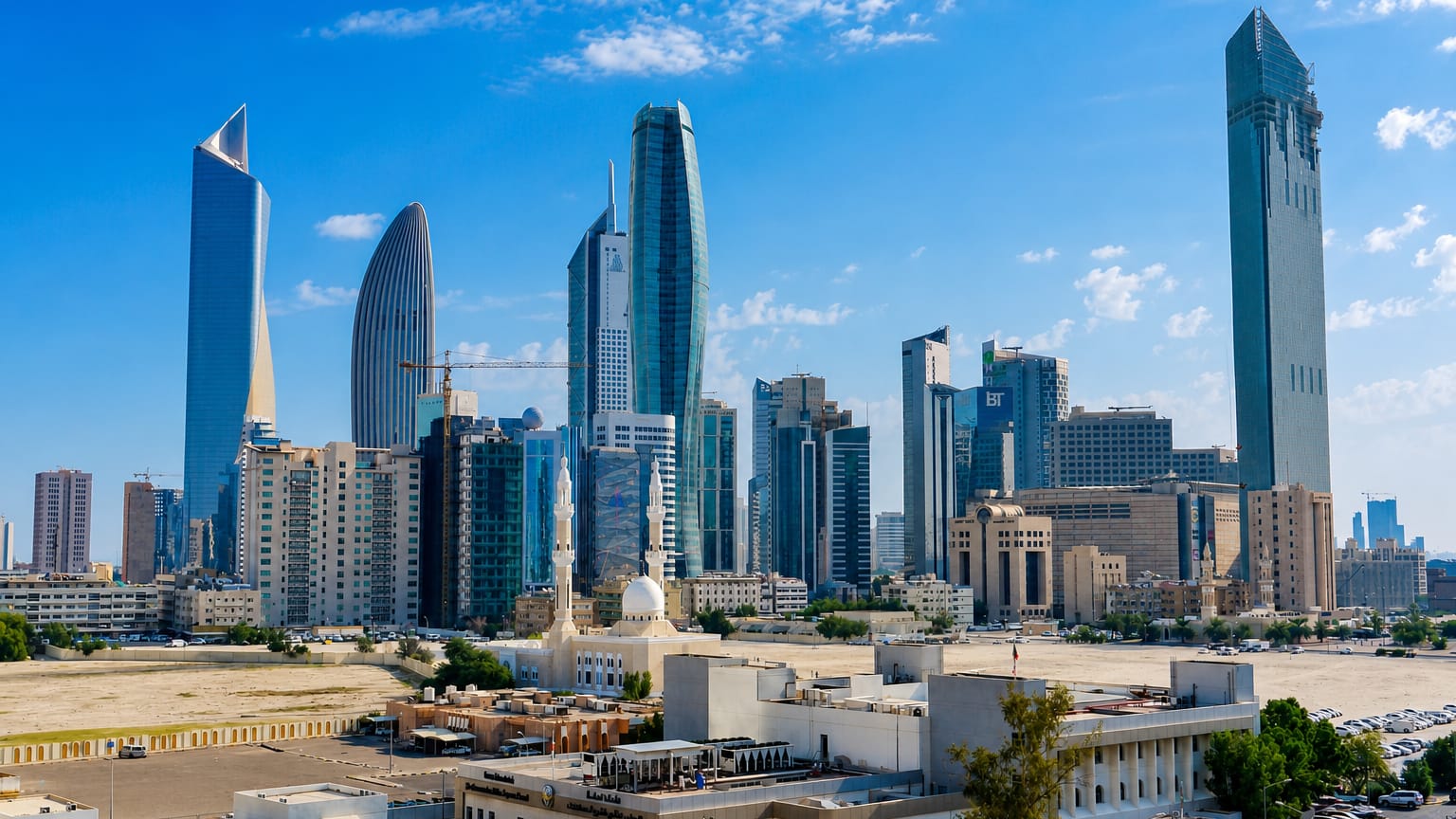 Kuwait City's skyline with the twisted Al Hamra Tower and a white mosque under a blue sky