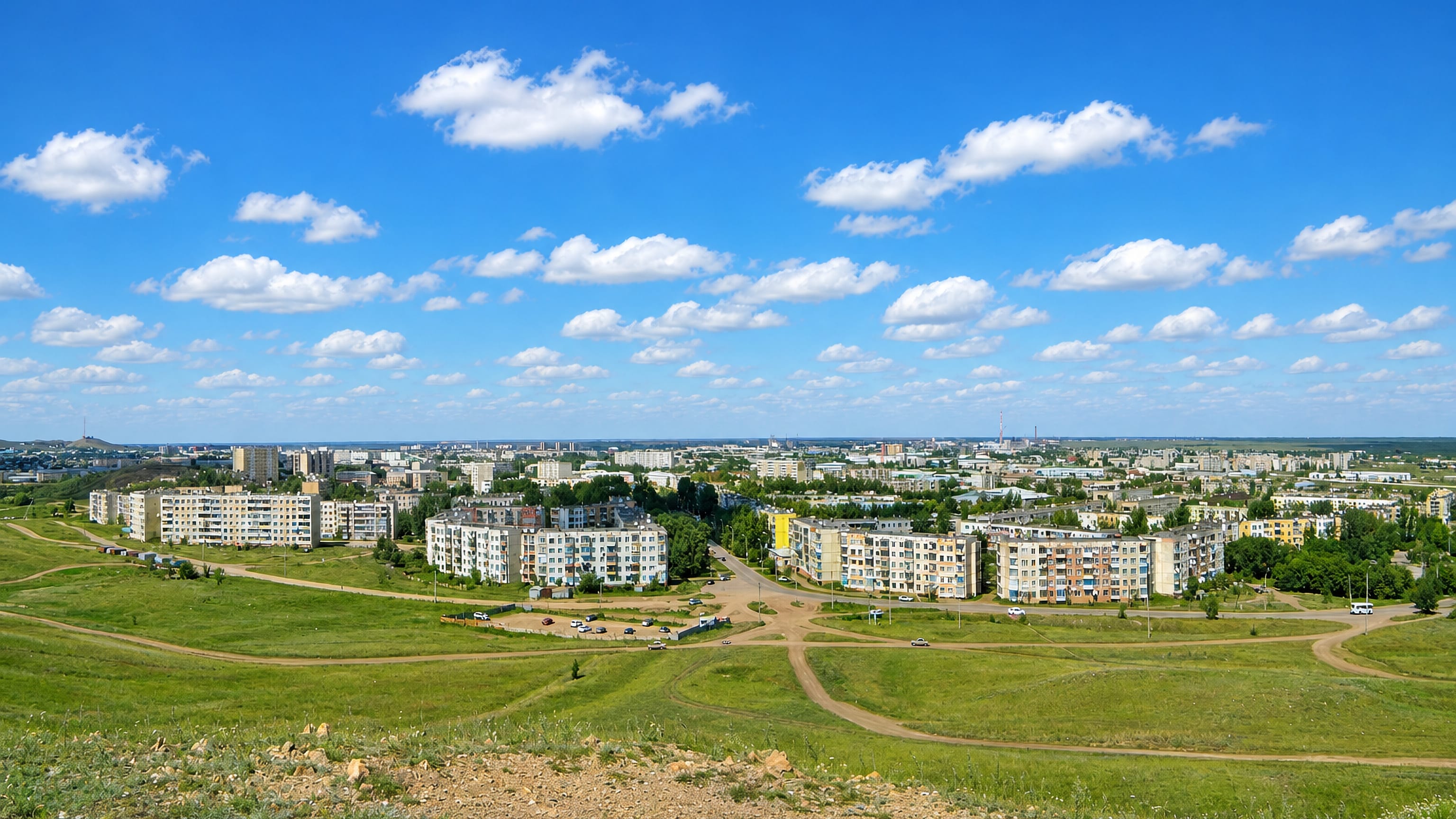Kokshetau's apartment blocks and tree-lined streets seen from a grassy steppe hillside under a wide summer sky