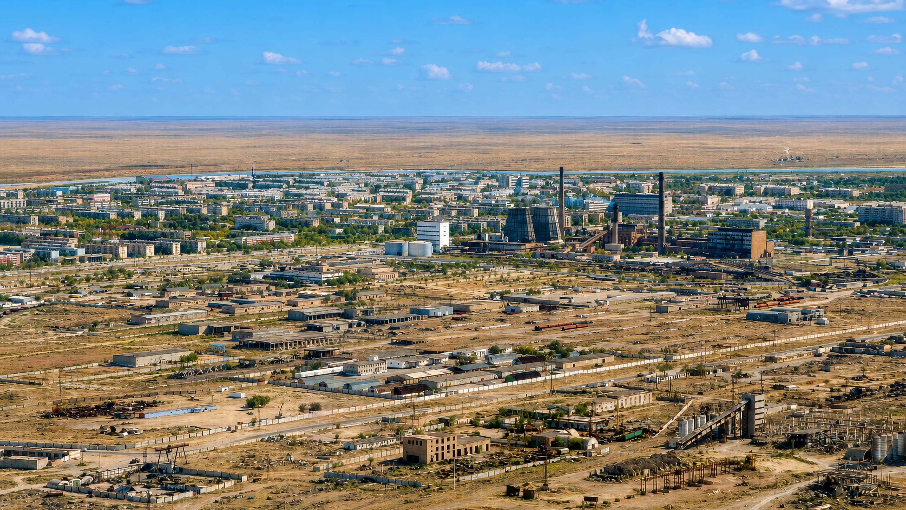 Baikonur, Kazakhstan, spread across flat steppe with Soviet-era apartment blocks, a power plant and industrial yards