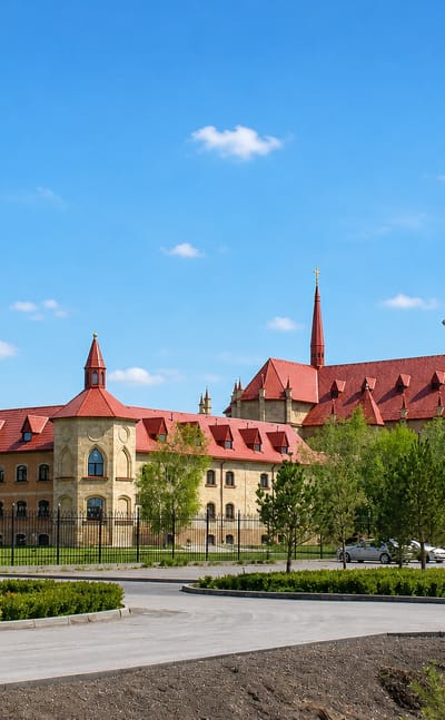The twin-spired Roman Catholic cathedral and red-roofed complex in Karagandy, Kazakhstan