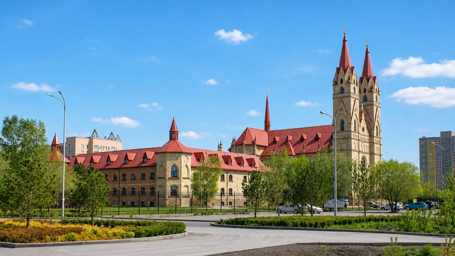 The twin-spired Roman Catholic cathedral and red-roofed complex in Karagandy, Kazakhstan