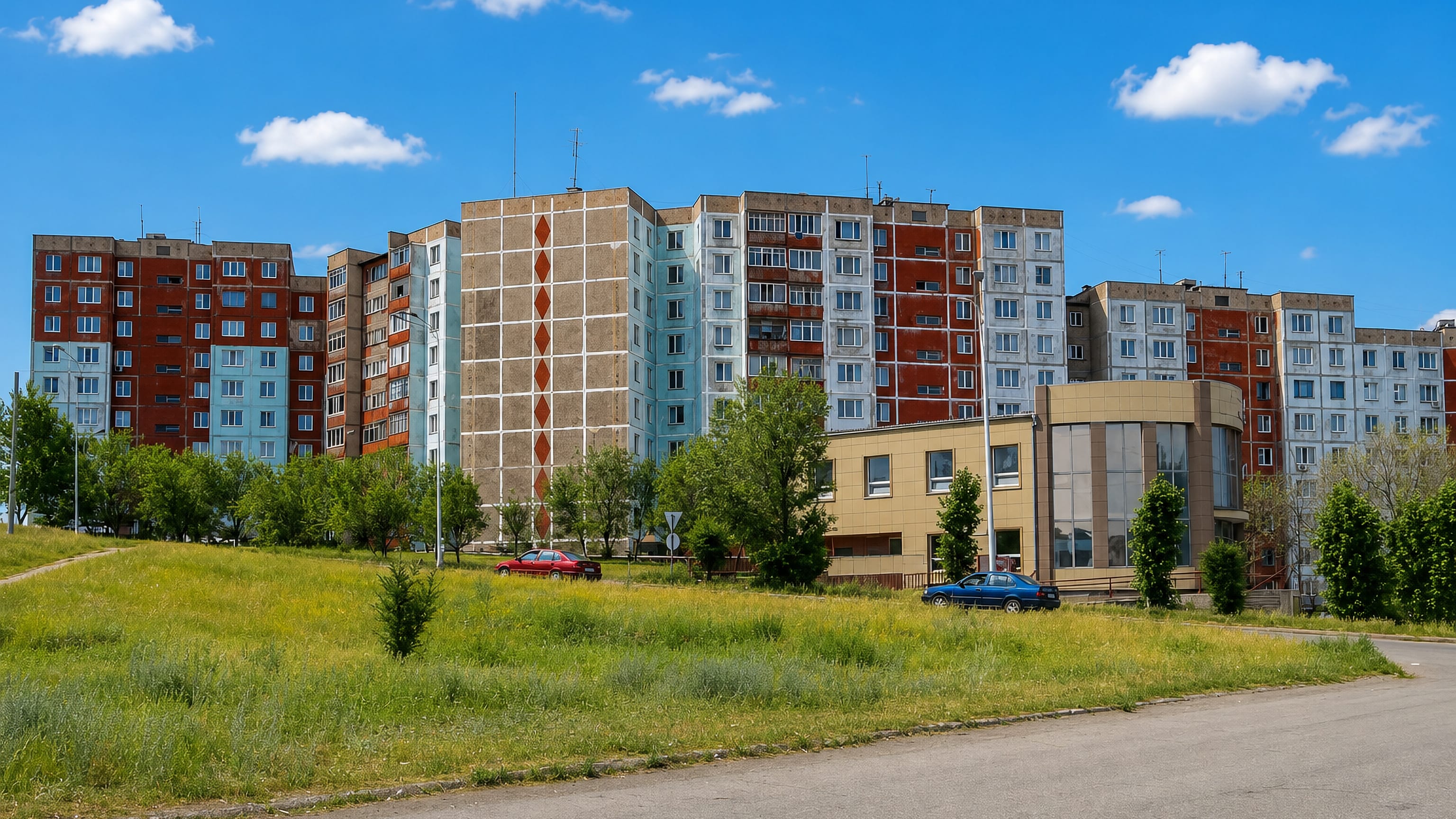 Soviet-era panel apartment blocks above a grassy roadside slope in Temirtau, Kazakhstan.