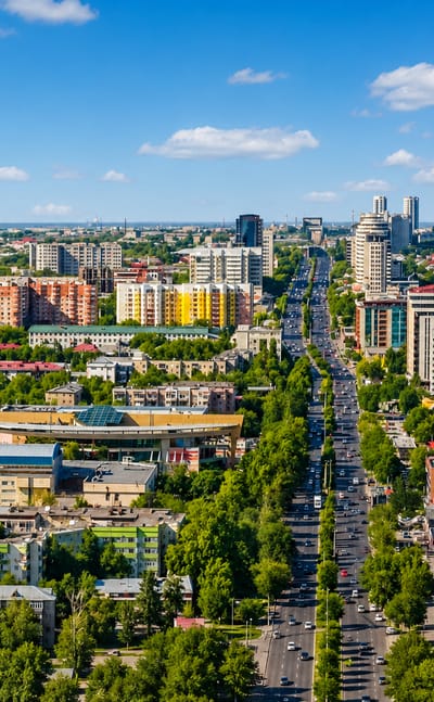 Tree-lined boulevard and mid-rise buildings of Shymkent stretching toward the horizon.