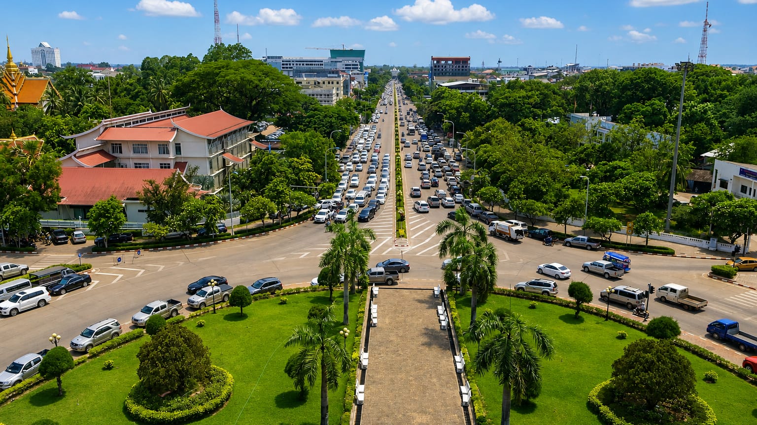View from Patuxai monument down a palm-lined avenue over Vientiane's traffic and low-rise skyline