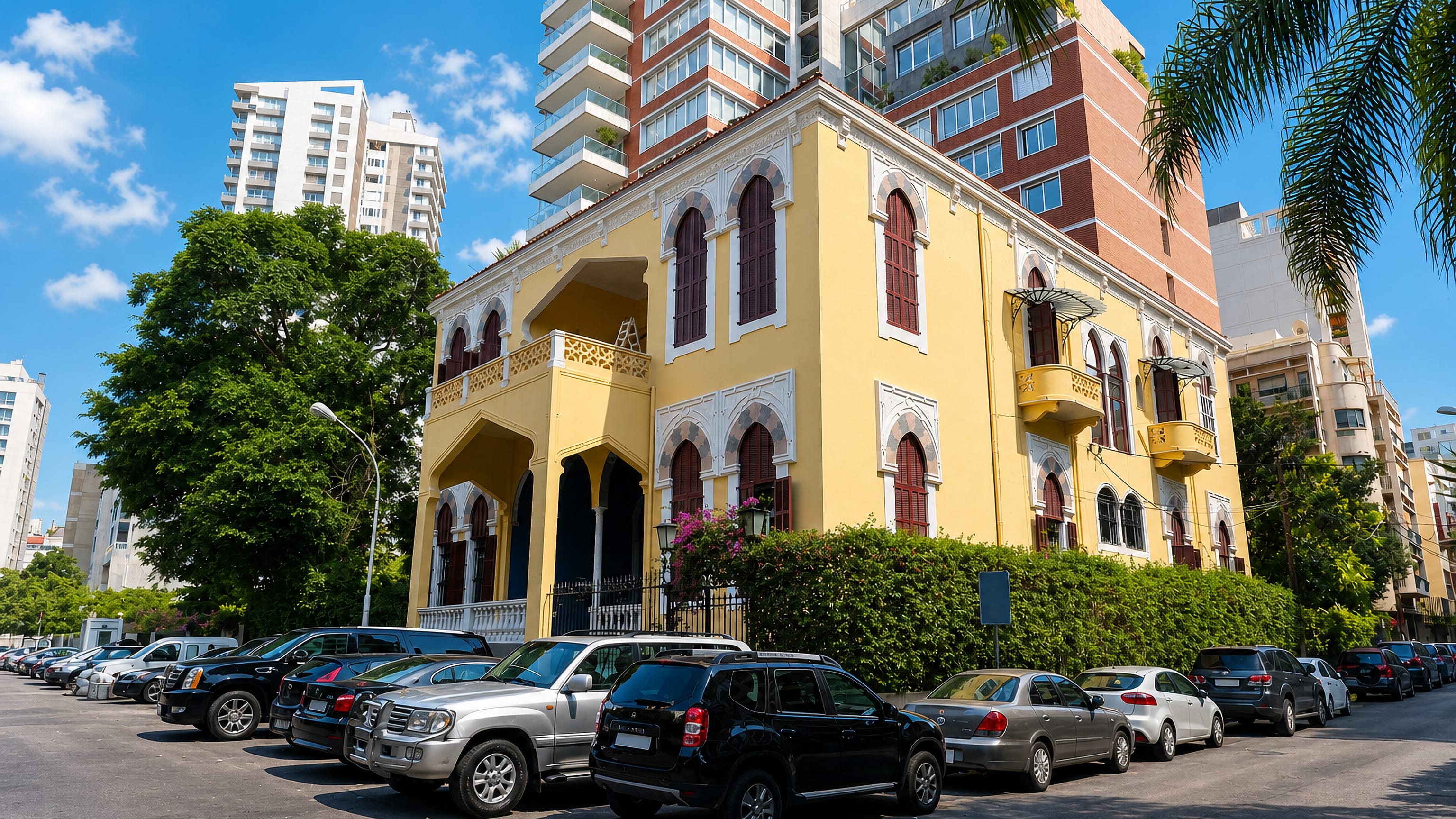 A yellow heritage villa with arched windows beneath modern apartment towers in Ashrafieh, Beirut.