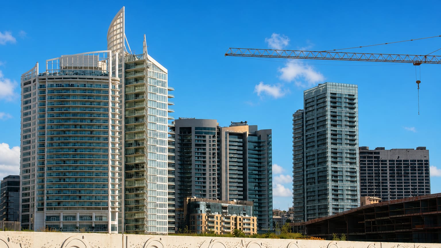 Cluster of modern glass high-rise towers behind a carved stone balustrade in Beirut Central District.