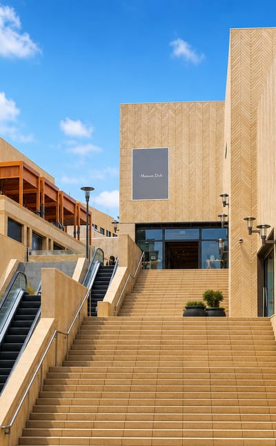 Sand-colored stone shopping arcade with a wide staircase and boutiques in the Beirut Souks retail district.