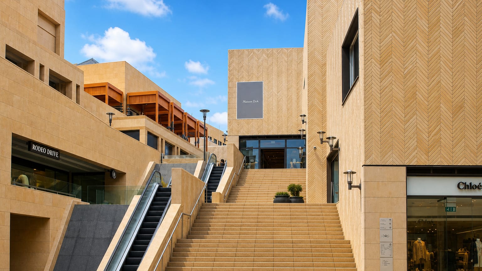 Sand-colored stone shopping arcade with a wide staircase and boutiques in the Beirut Souks retail district.