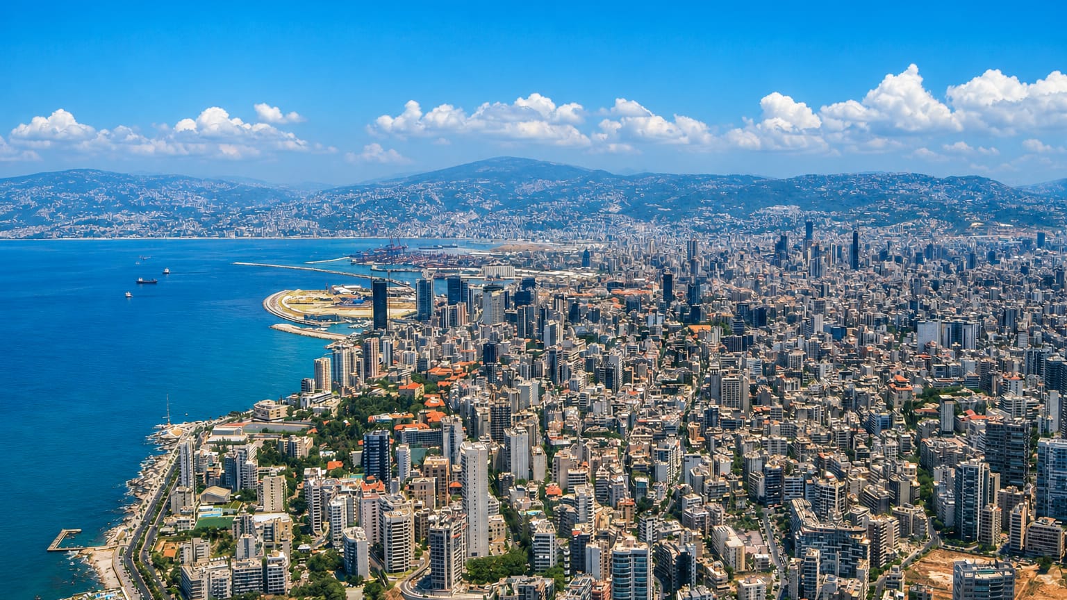 Aerial view of Beirut's dense peninsula reaching into the Mediterranean with its port and Mount Lebanon behind