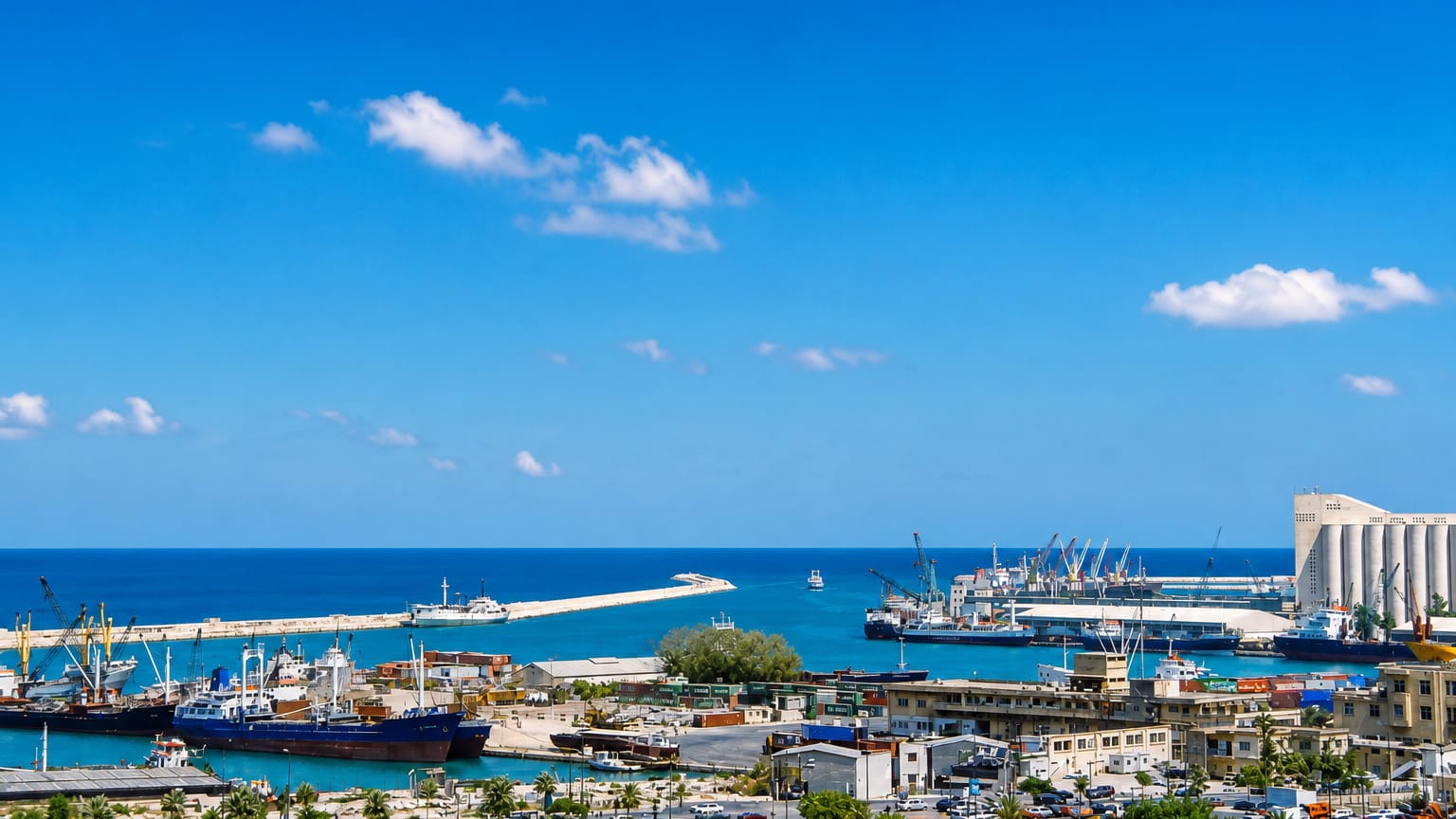 The Port of Beirut with grain silos, cranes and container ships along the Mediterranean under clear skies.