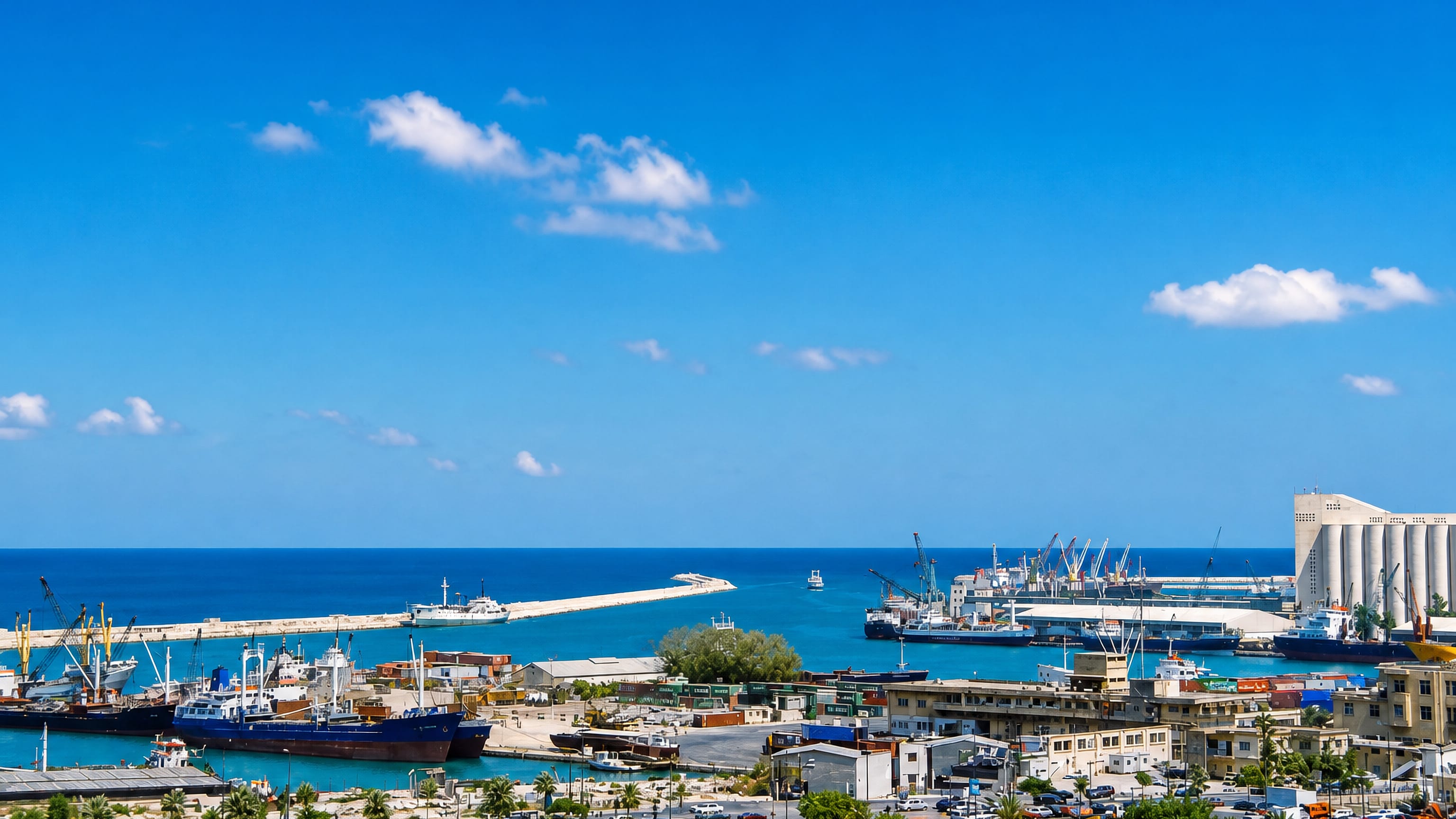 The Port of Beirut with grain silos, cranes and container ships along the Mediterranean under clear skies.