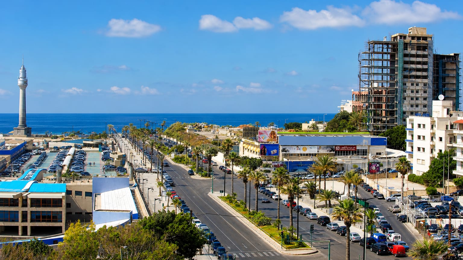Palm-lined Corniche boulevard along the Mediterranean with the Manara lighthouse in Ras Beirut, Lebanon.