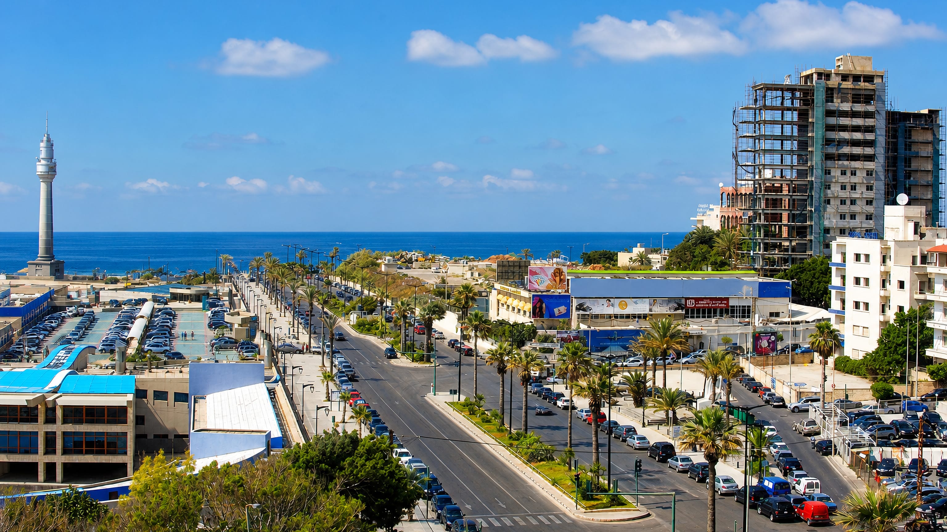Palm-lined Corniche boulevard along the Mediterranean with the Manara lighthouse in Ras Beirut, Lebanon.