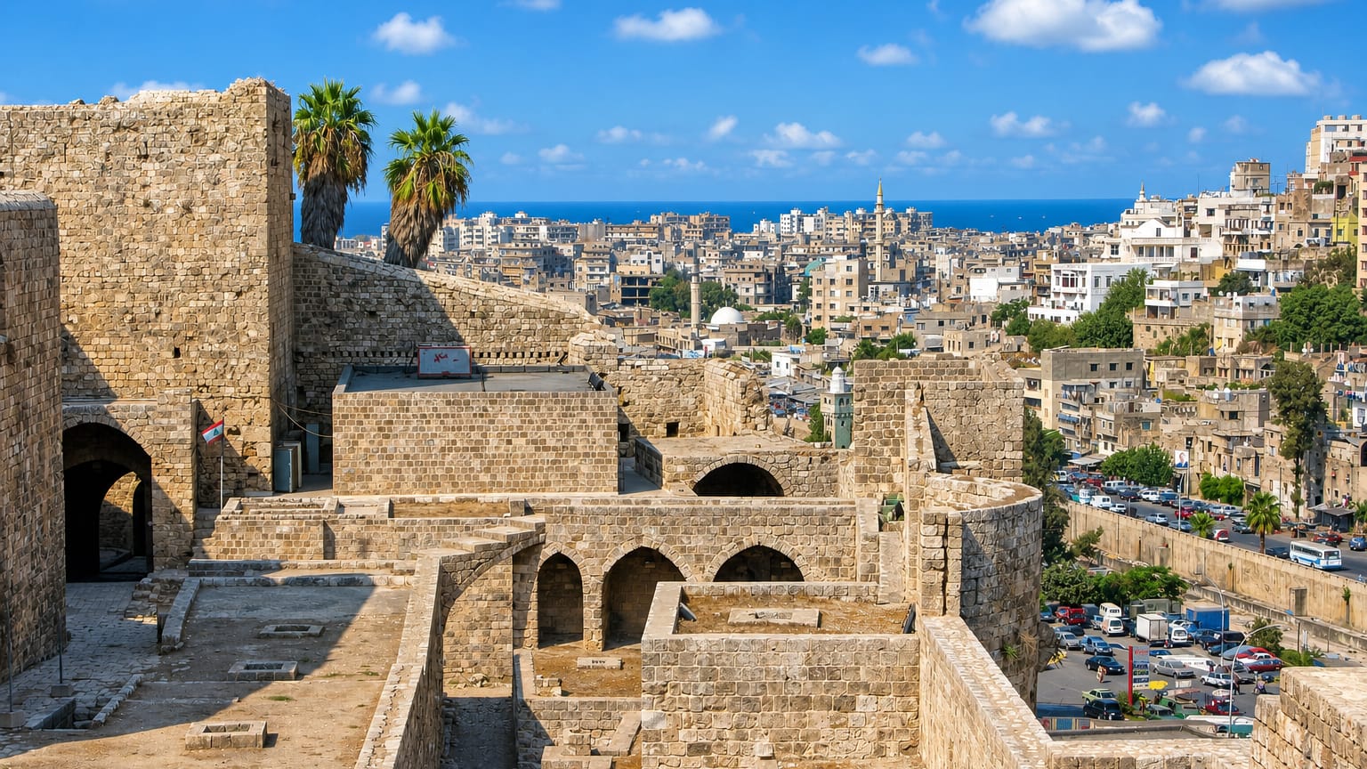 The stone Citadel of Raymond de Saint-Gilles overlooking Tripoli, Lebanon, with the city and Mediterranean beyond.