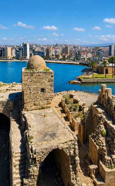 Sidon Sea Castle on its causeway in the harbour, with the coastal skyline of Sidon, Lebanon behind.