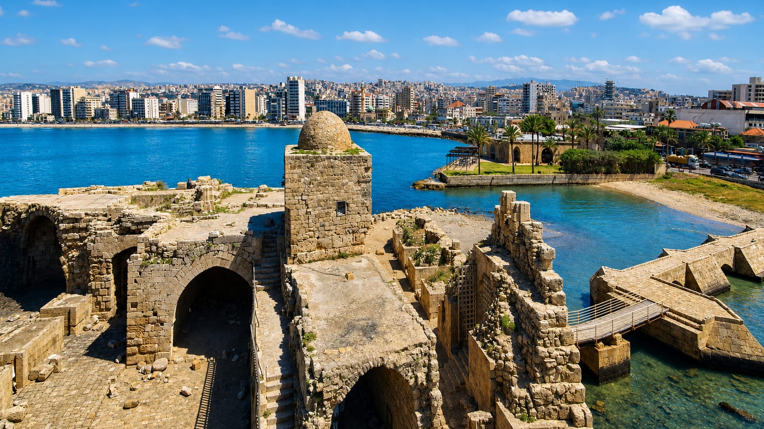 Sidon Sea Castle on its causeway in the harbour, with the coastal skyline of Sidon, Lebanon behind.