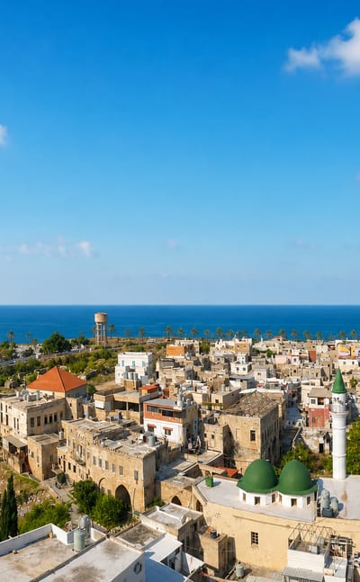 Tyre's old town by the Mediterranean with a green-domed mosque, minaret and ancient columns, Lebanon