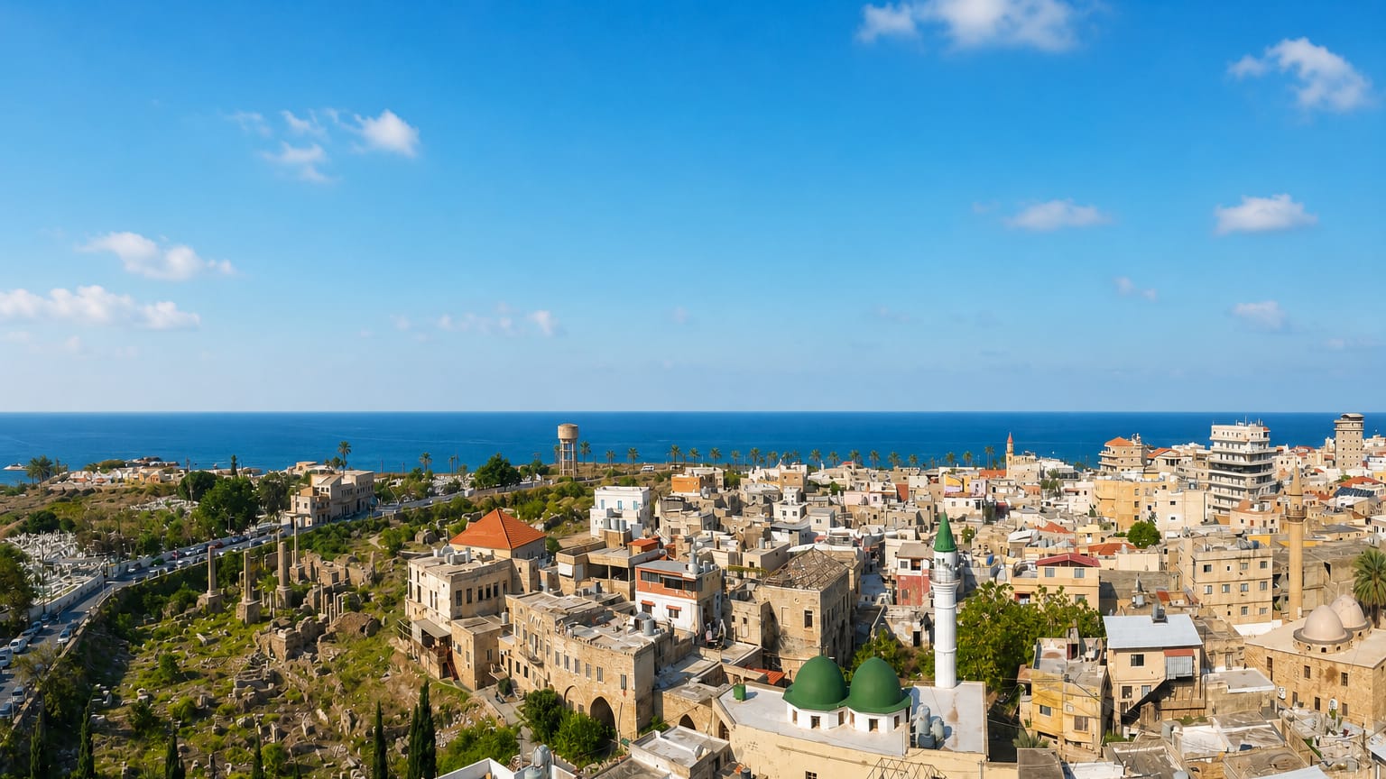 Tyre's old town by the Mediterranean with a green-domed mosque, minaret and ancient columns, Lebanon