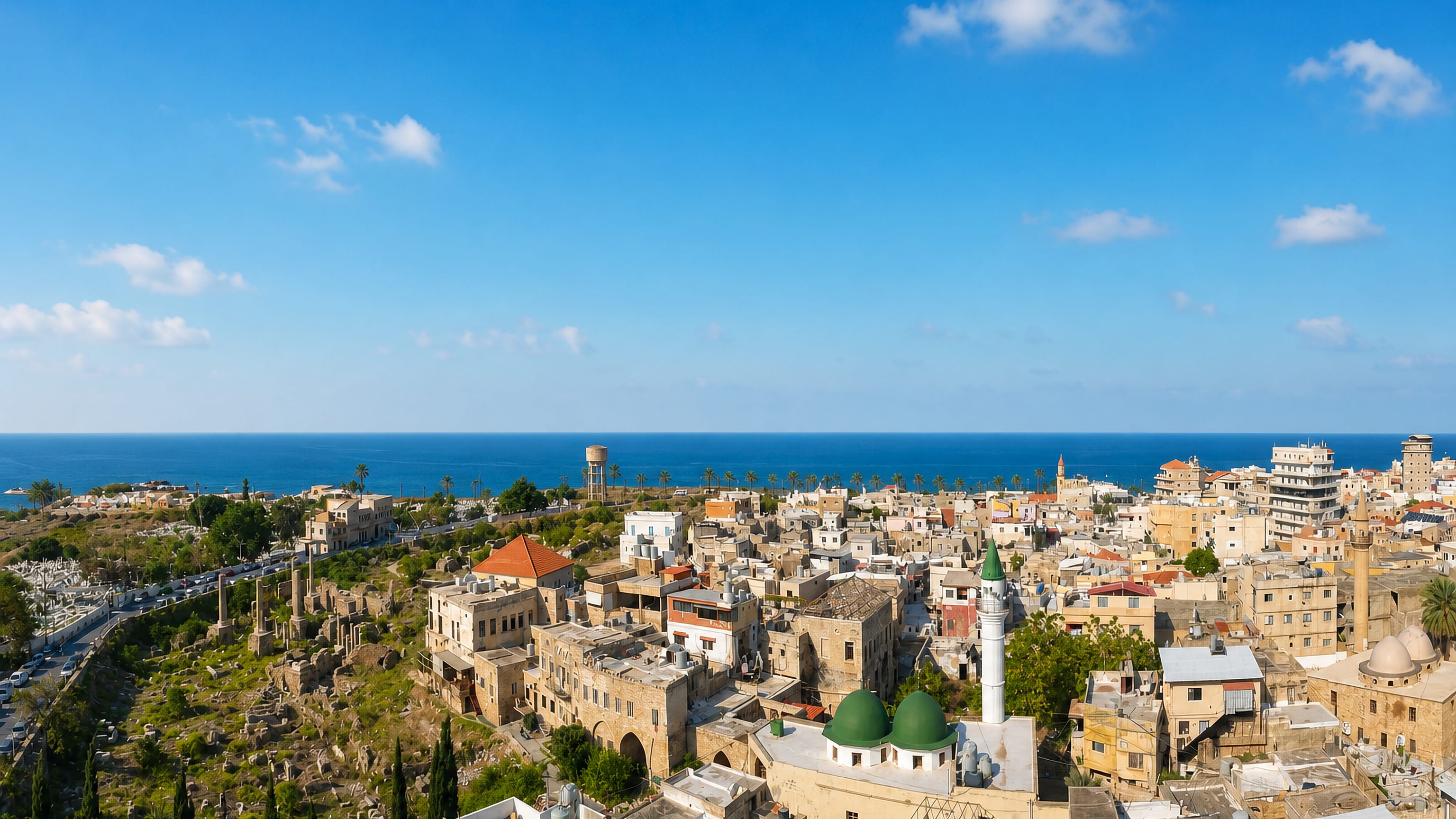 Tyre's old town by the Mediterranean with a green-domed mosque, minaret and ancient columns, Lebanon