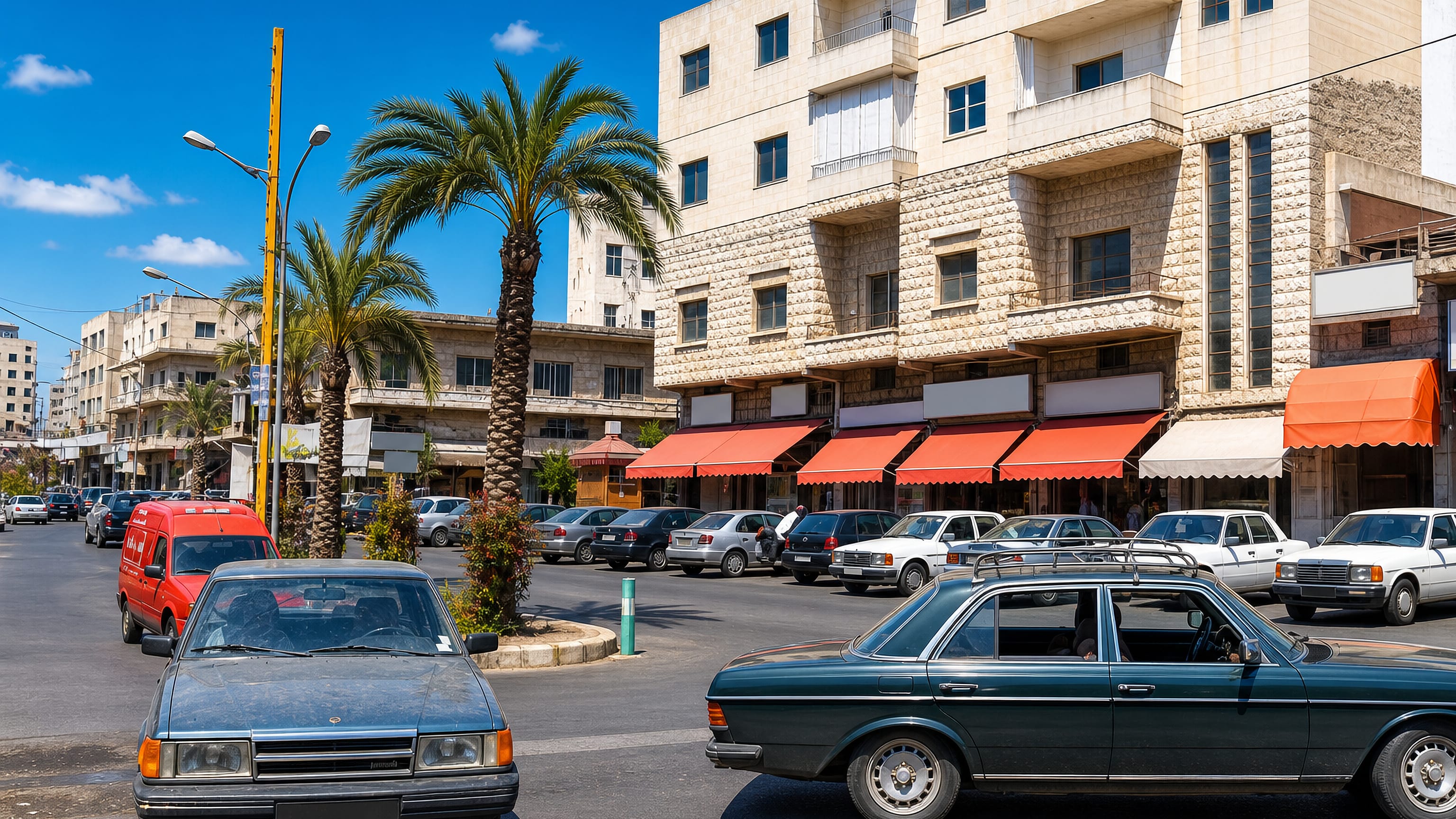 Palm-lined main street in Nabatieh, Lebanon, with stone-faced buildings, awnings and parked cars