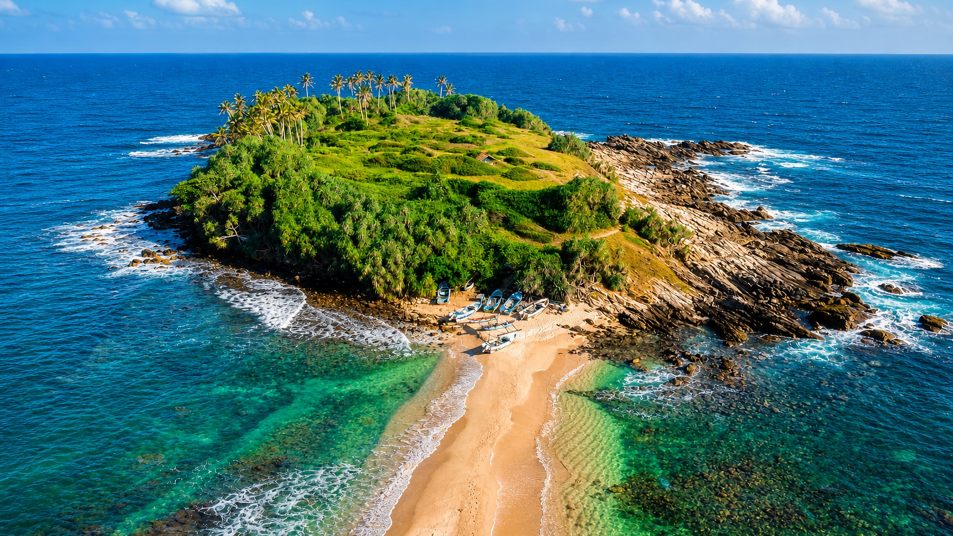 Palm-crowned rocky islet linked to the beach by a sandbar with outrigger boats on the coast at Matara, Sri Lanka.
