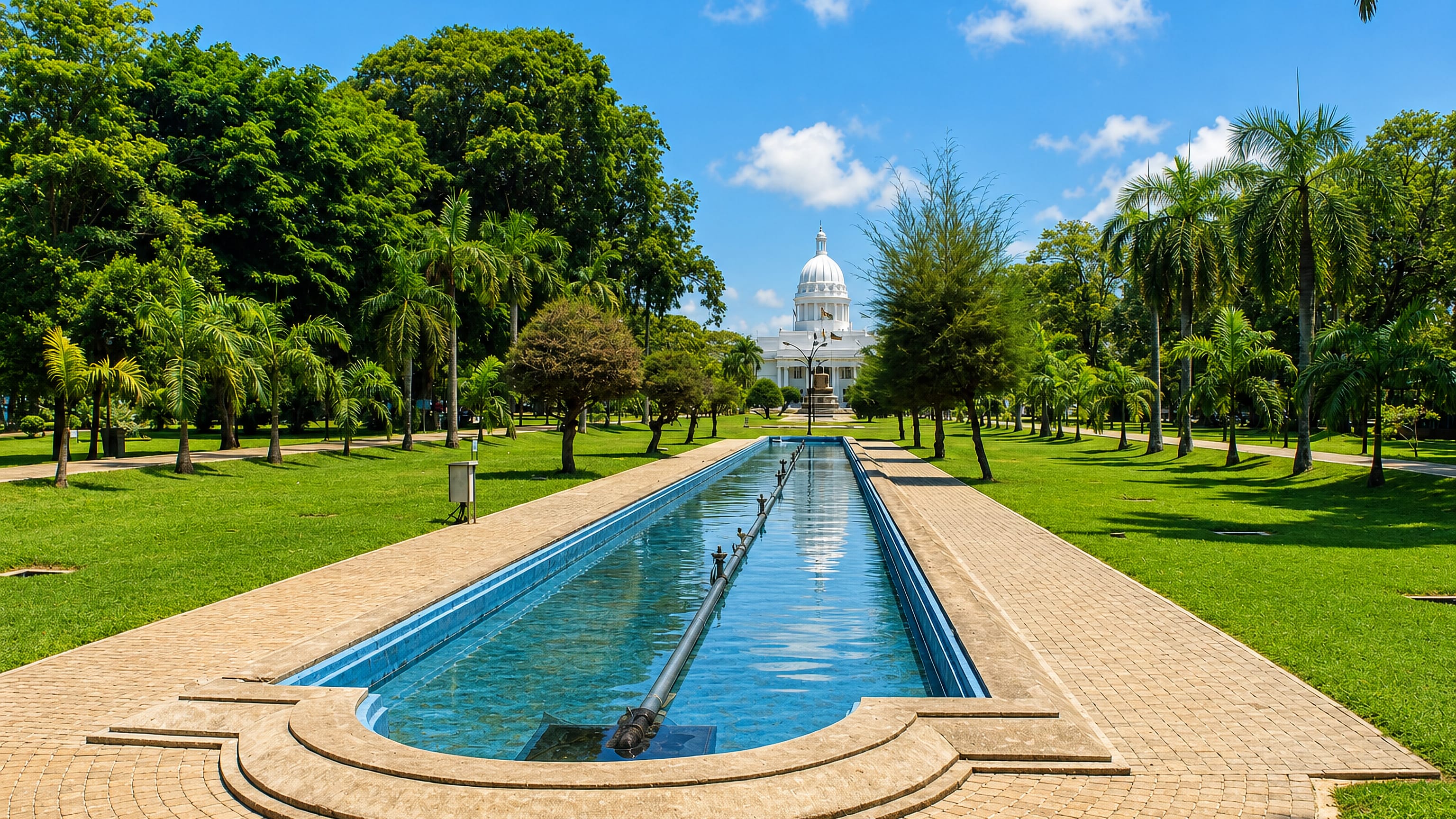 Reflecting pool in Viharamahadevi Park leading to Colombo Town Hall's white dome in Cinnamon Gardens.