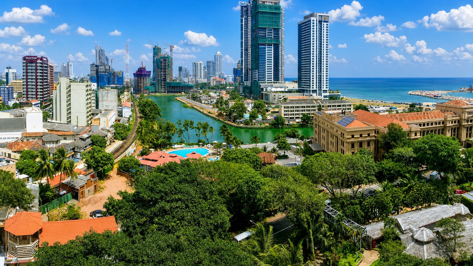 Colombo skyline of high-rise towers above Beira Lake and the Indian Ocean, Sri Lanka