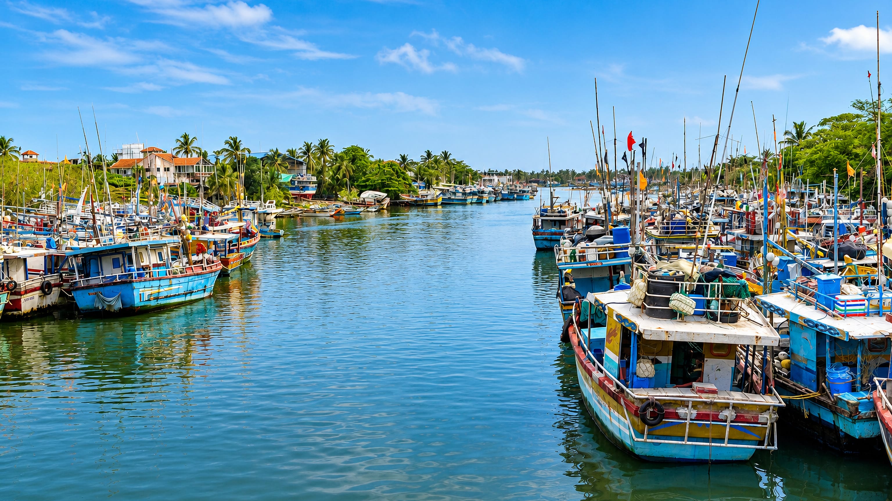 Colourful wooden fishing boats moored along the palm-fringed Negombo lagoon waterway