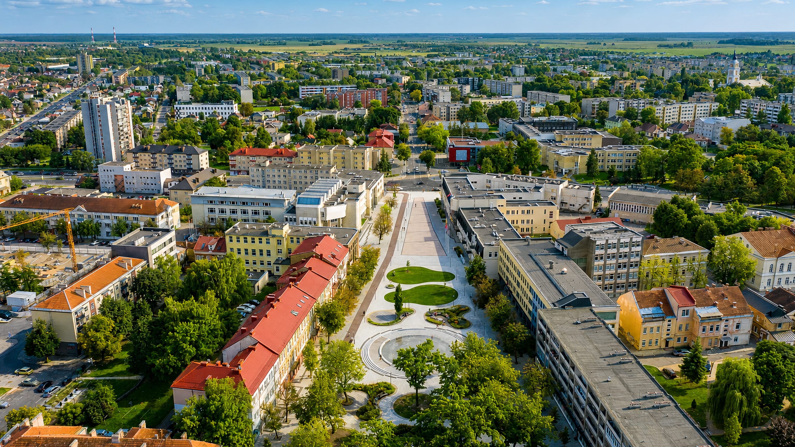 Aerial view over the pedestrian Freedom Square and low-rise centre of Panevezys, Lithuania.