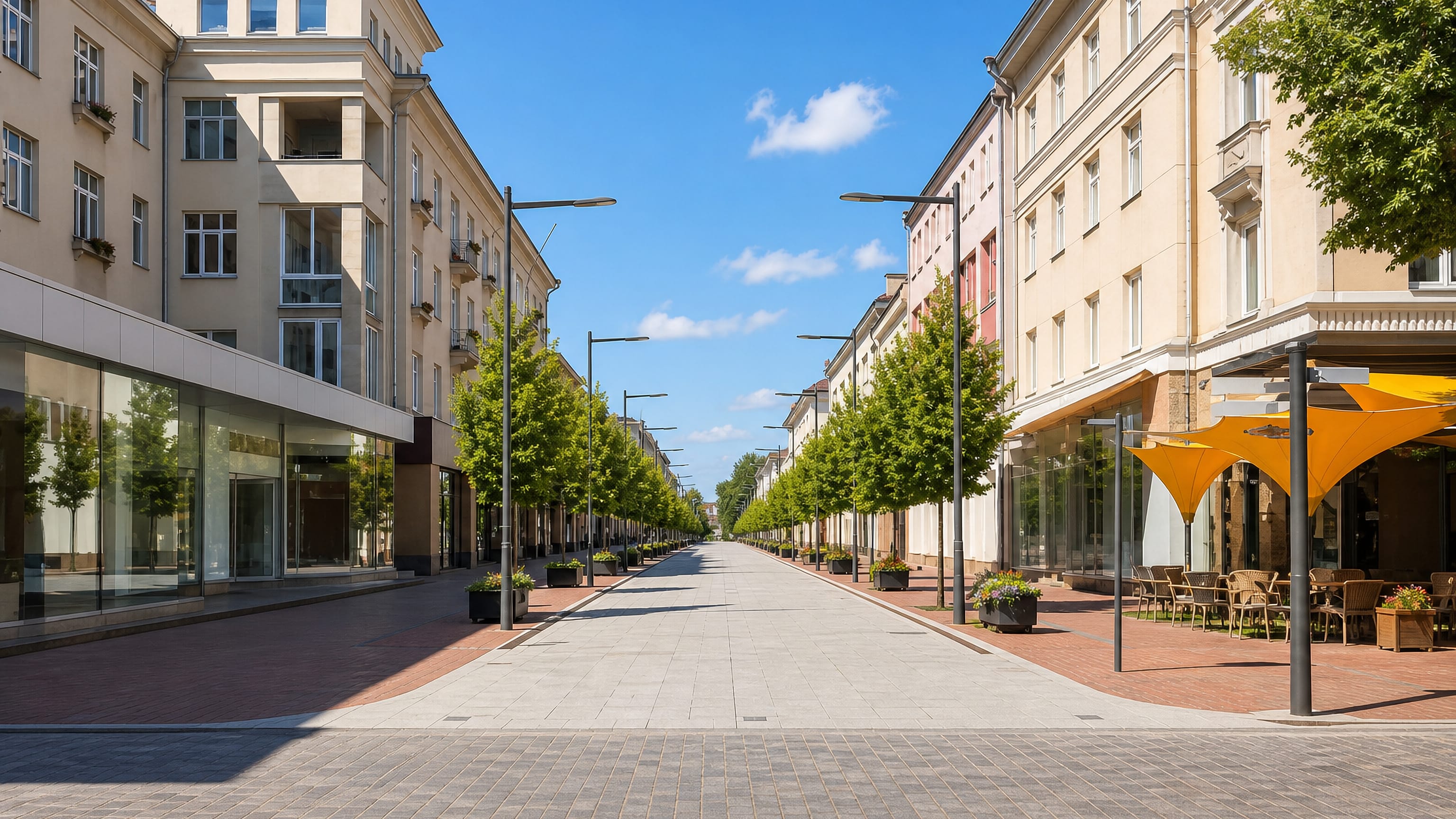 Sunlit pedestrian boulevard in Šiauliai, Lithuania, with tree-lined paving, cafe canopies and low pastel blocks.