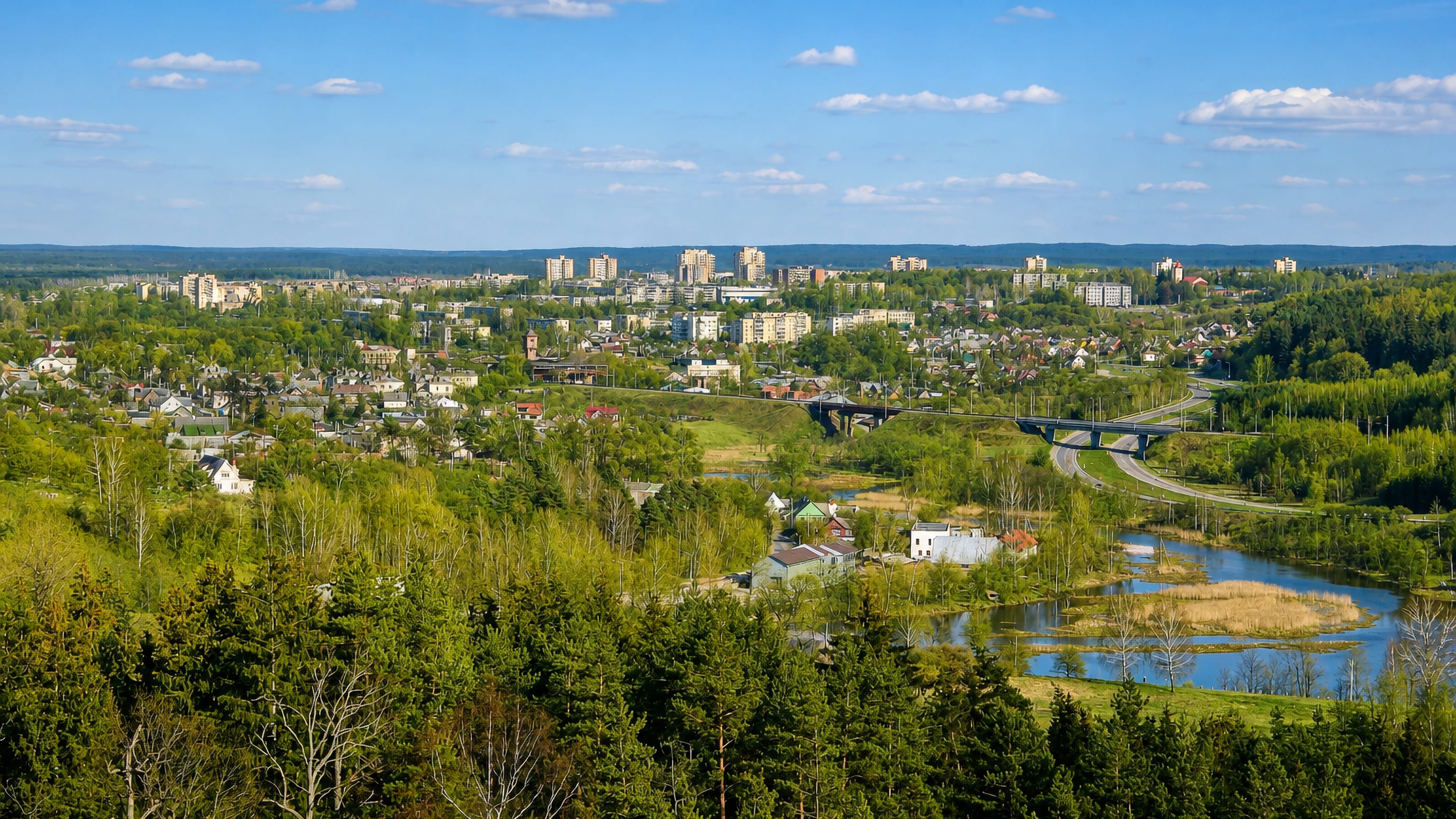 Naujoji Vilnia's low houses and Soviet-era apartment blocks above the wooded Vilnia river valley in eastern Vilnius