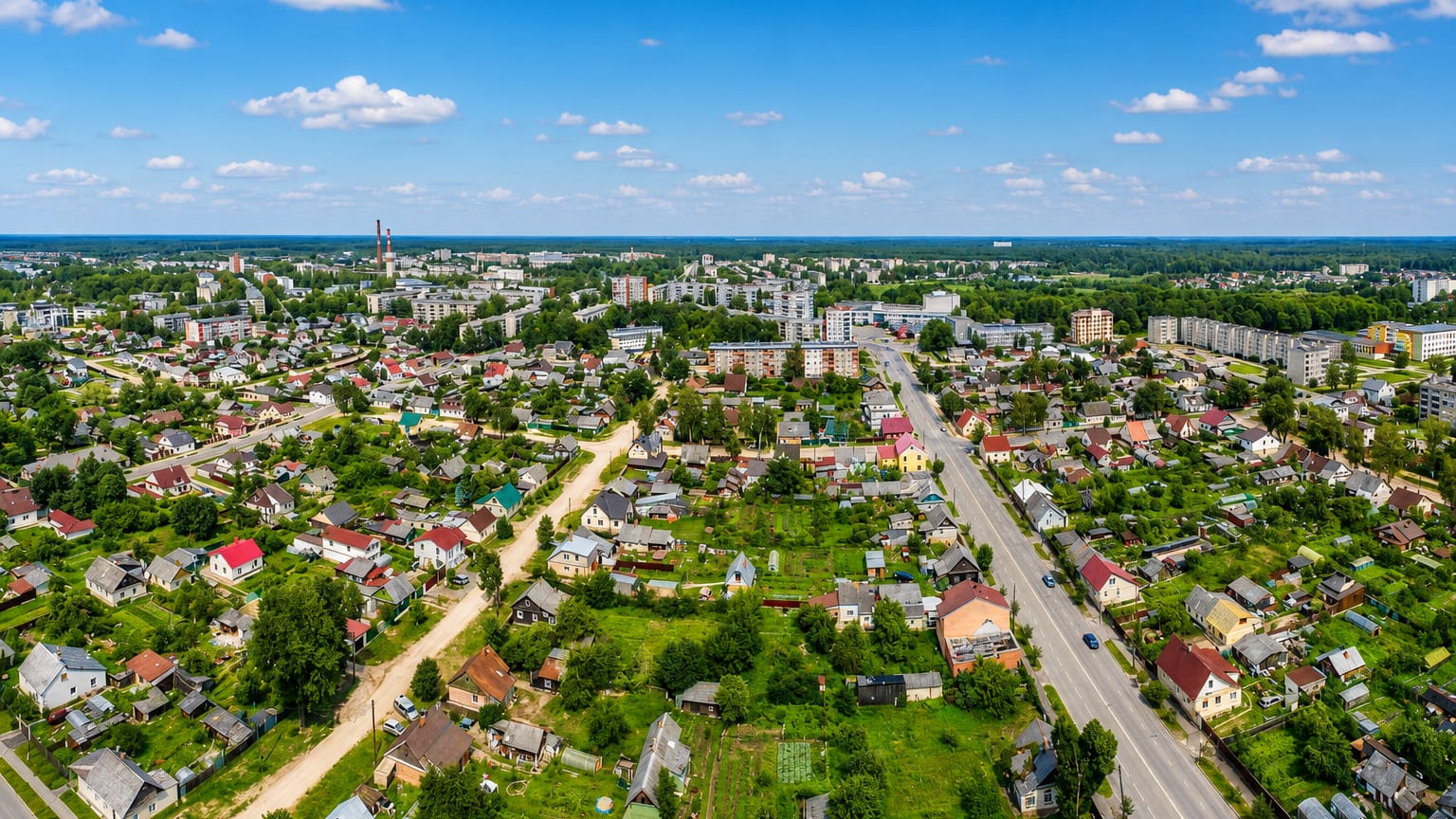 Aerial view over the low-rise houses and apartment blocks of Daugavpils, Latvia, under a blue summer sky.