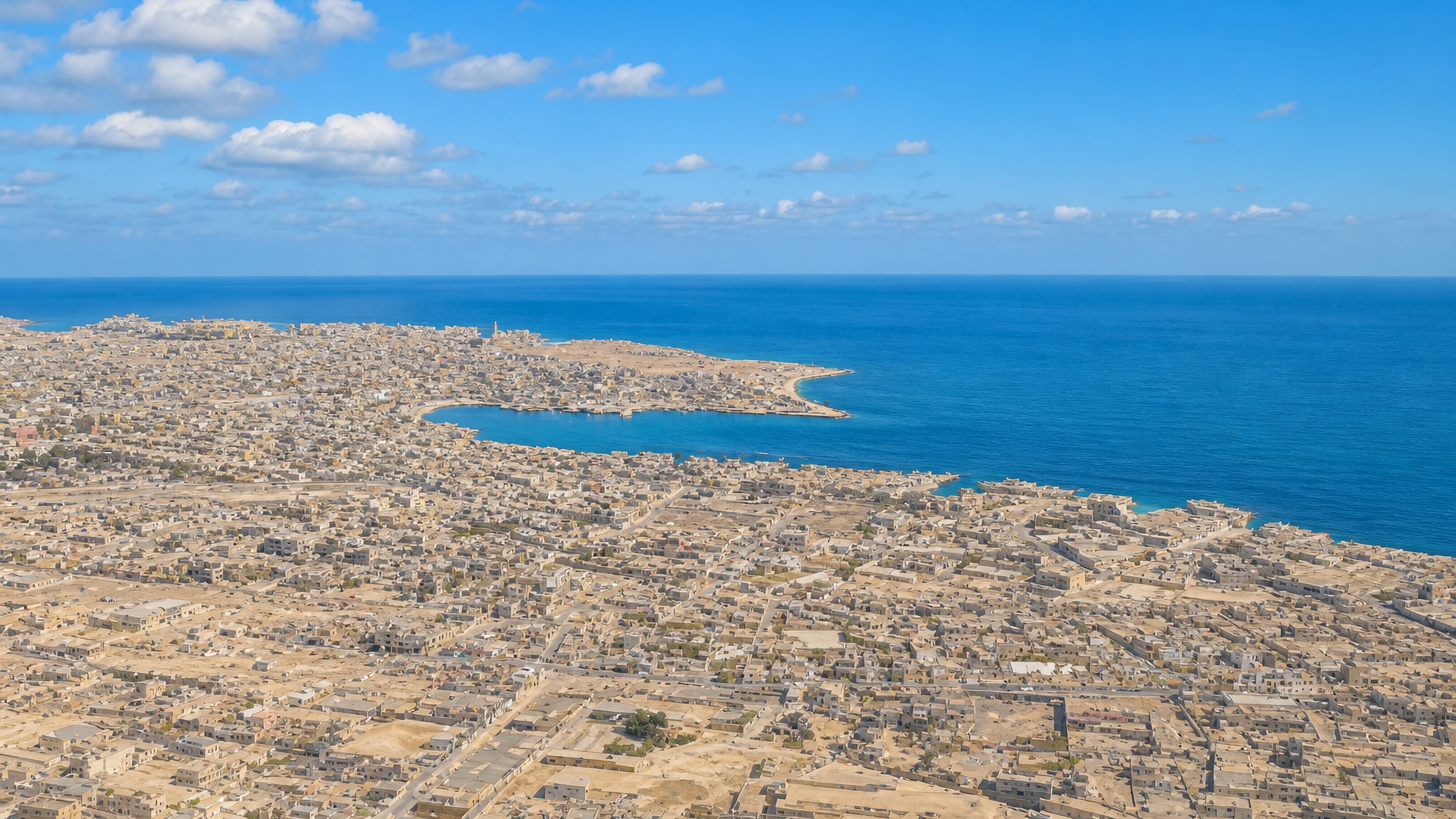 Aerial view over Tobruk, Libya, sand-coloured low-rise districts reaching a harbour bay on the Mediterranean.