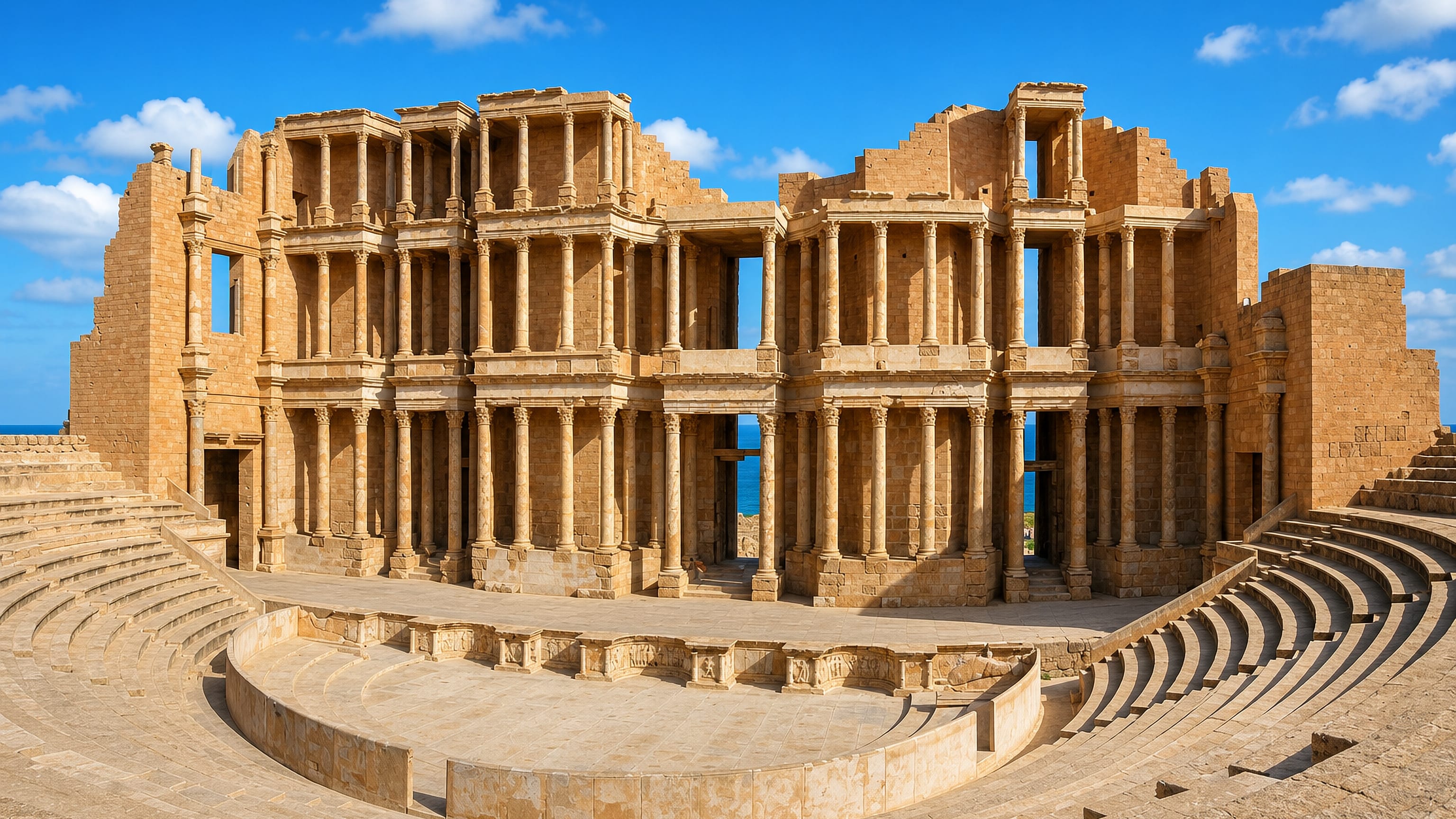 The three-tier Roman theatre of Sabratha, Libya, its columned stage wall standing above the Mediterranean.