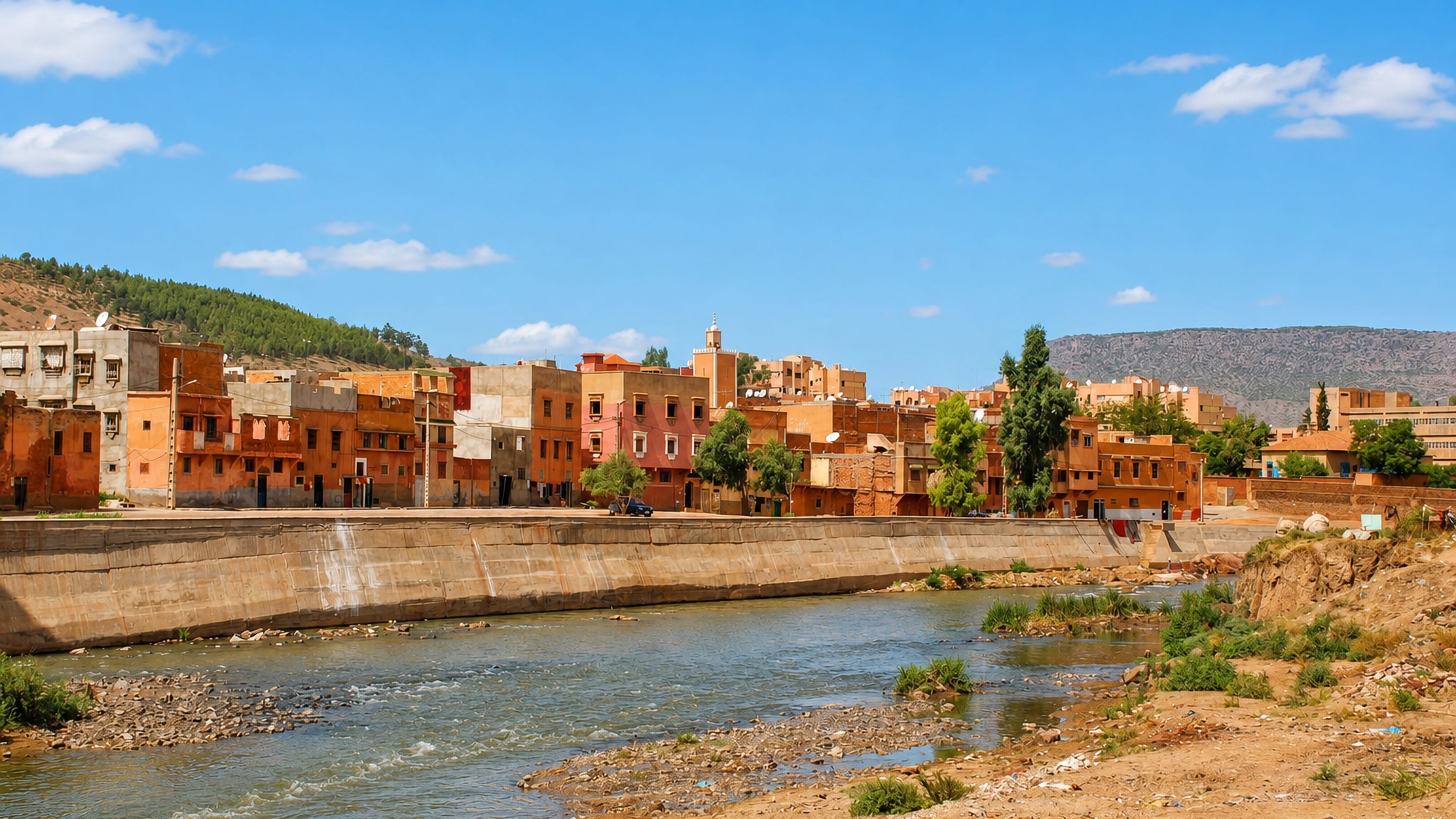 Red-ochre houses and a minaret above the walled riverbank of the Oum Er-Rbia in Khenifra, Morocco.