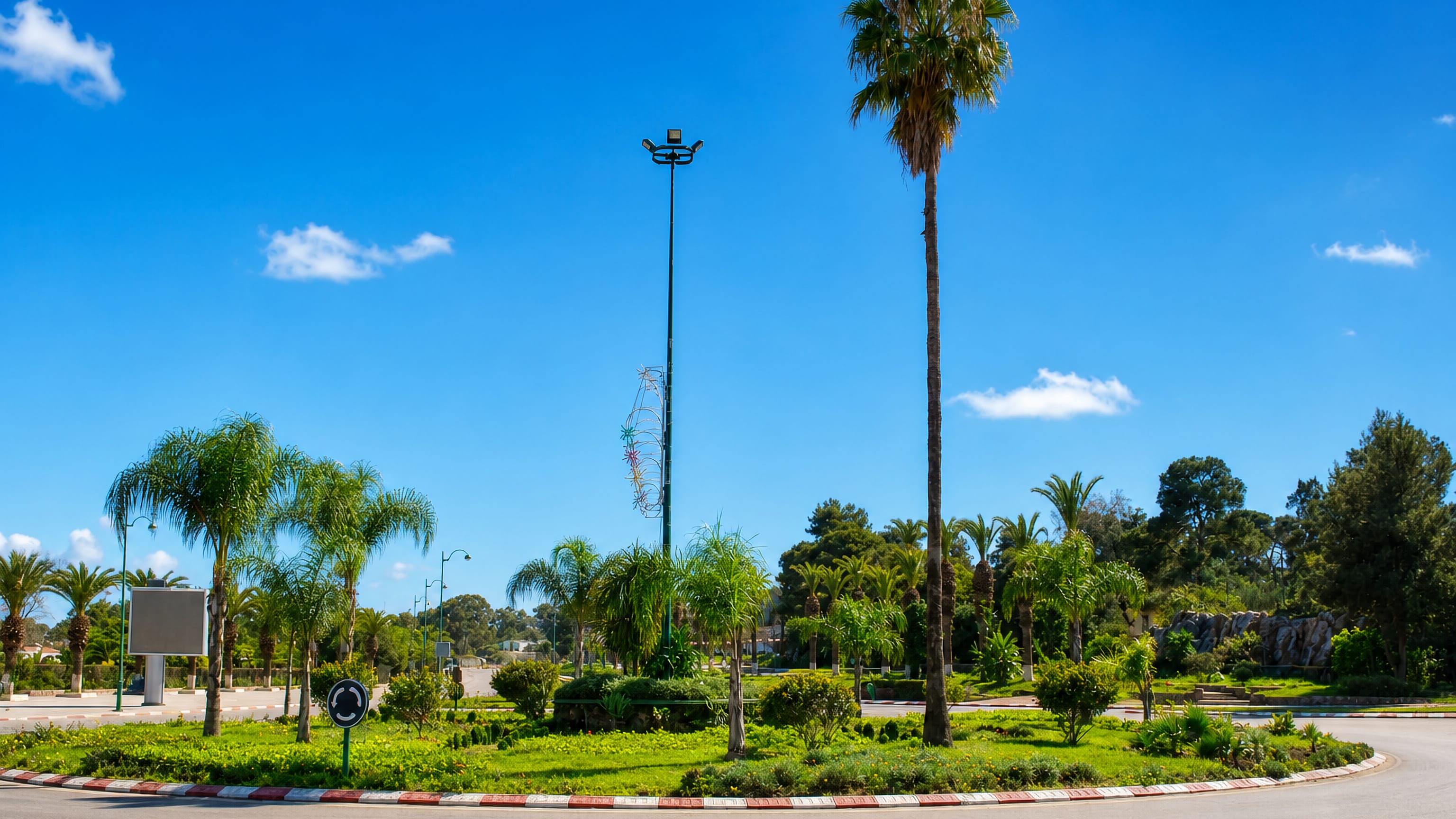 Palm-planted roundabout on a quiet boulevard in Benslimane, Morocco, under a clear blue sky.