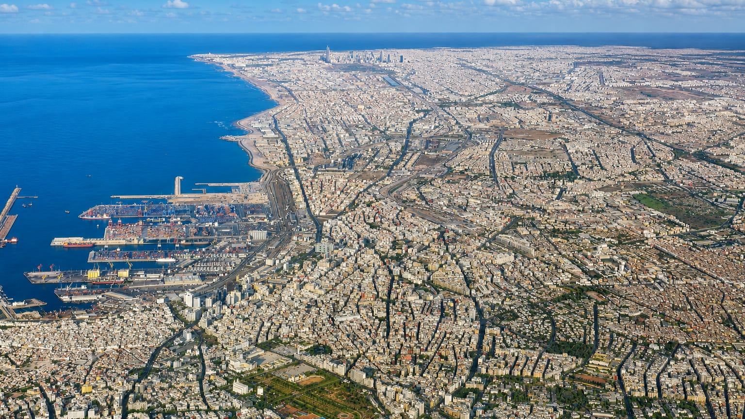 Aerial view of Casablanca's dense urban sprawl along the Atlantic coast with its port, Morocco.
