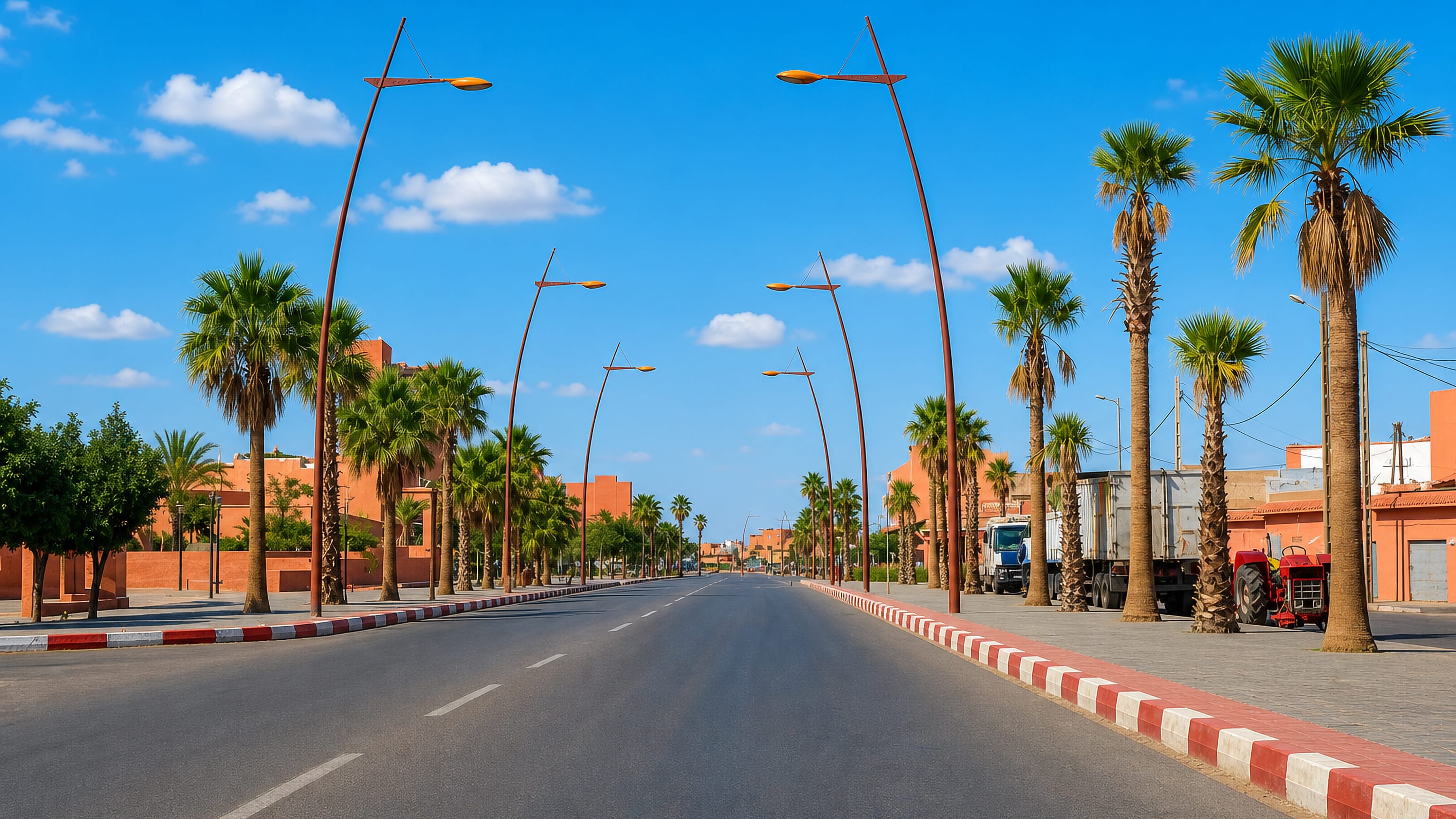 Palm-lined boulevard through Settat, Morocco, flanked by ochre buildings and red-and-white painted kerbs.