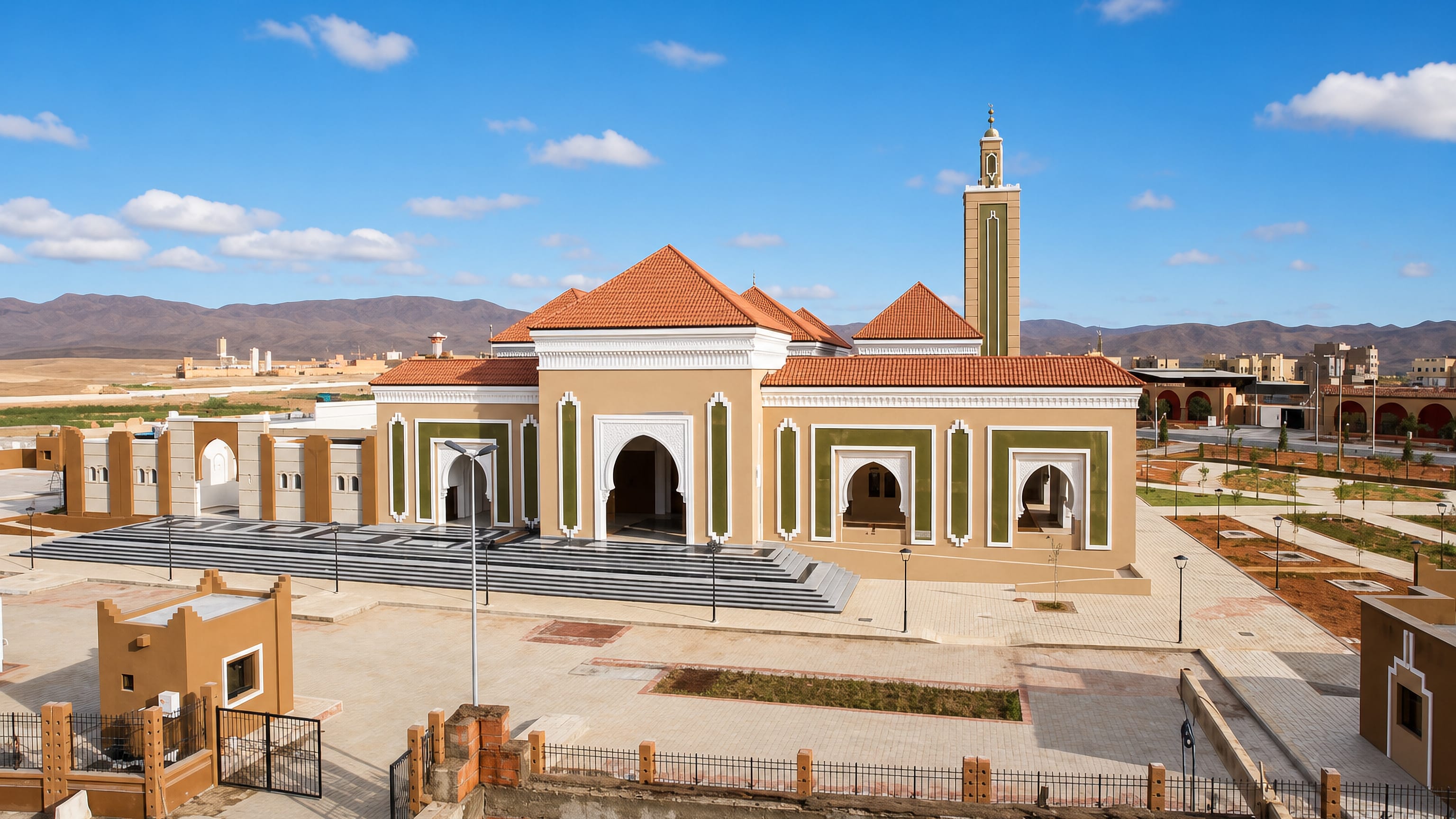 A large modern mosque with tall minaret on the edge of Errachidia, backed by the arid hills of Morocco's Ziz valley.