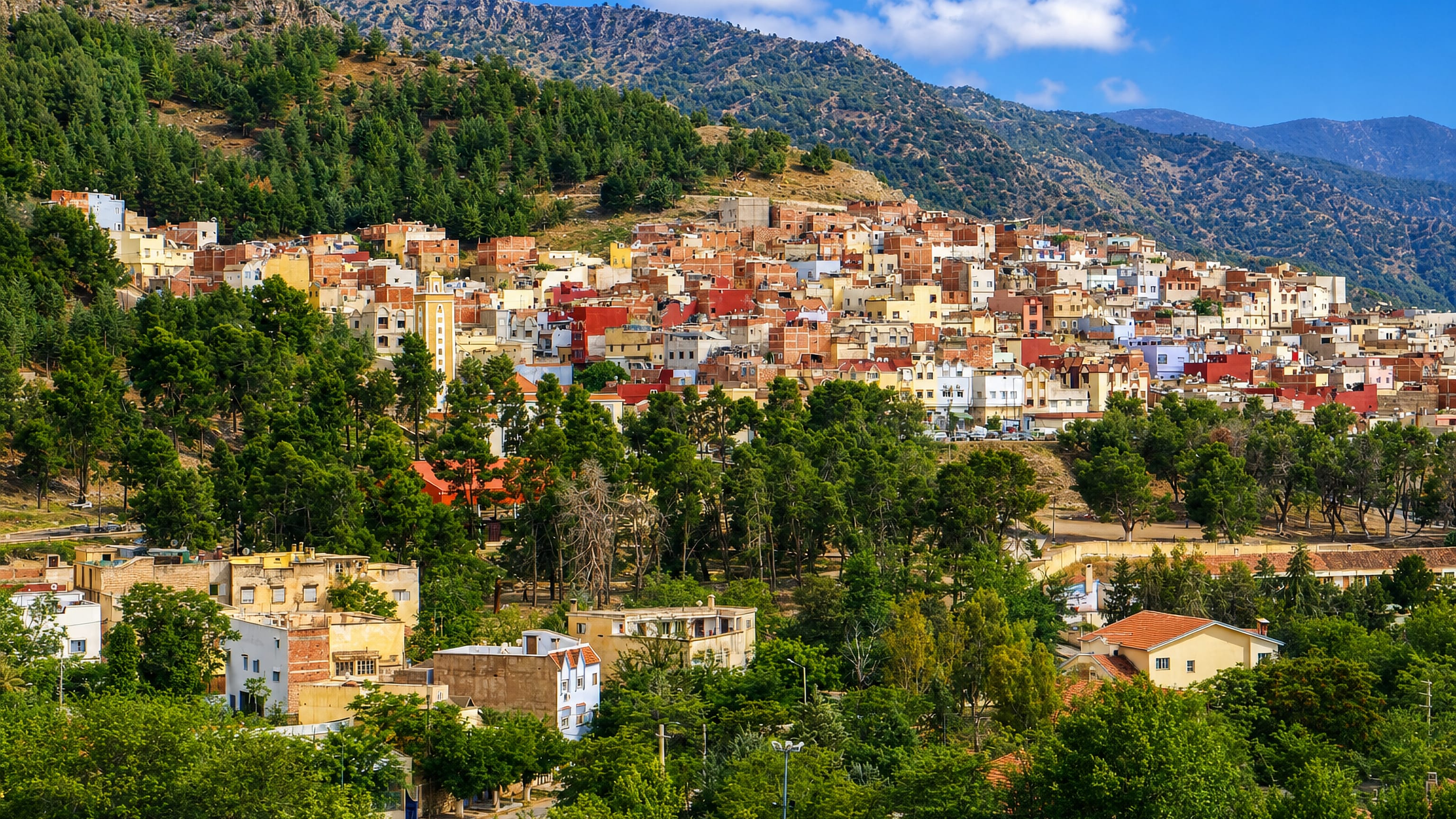 Azrou's hillside houses in Morocco's Middle Atlas, ringed by wooded slopes and mountain ridges.